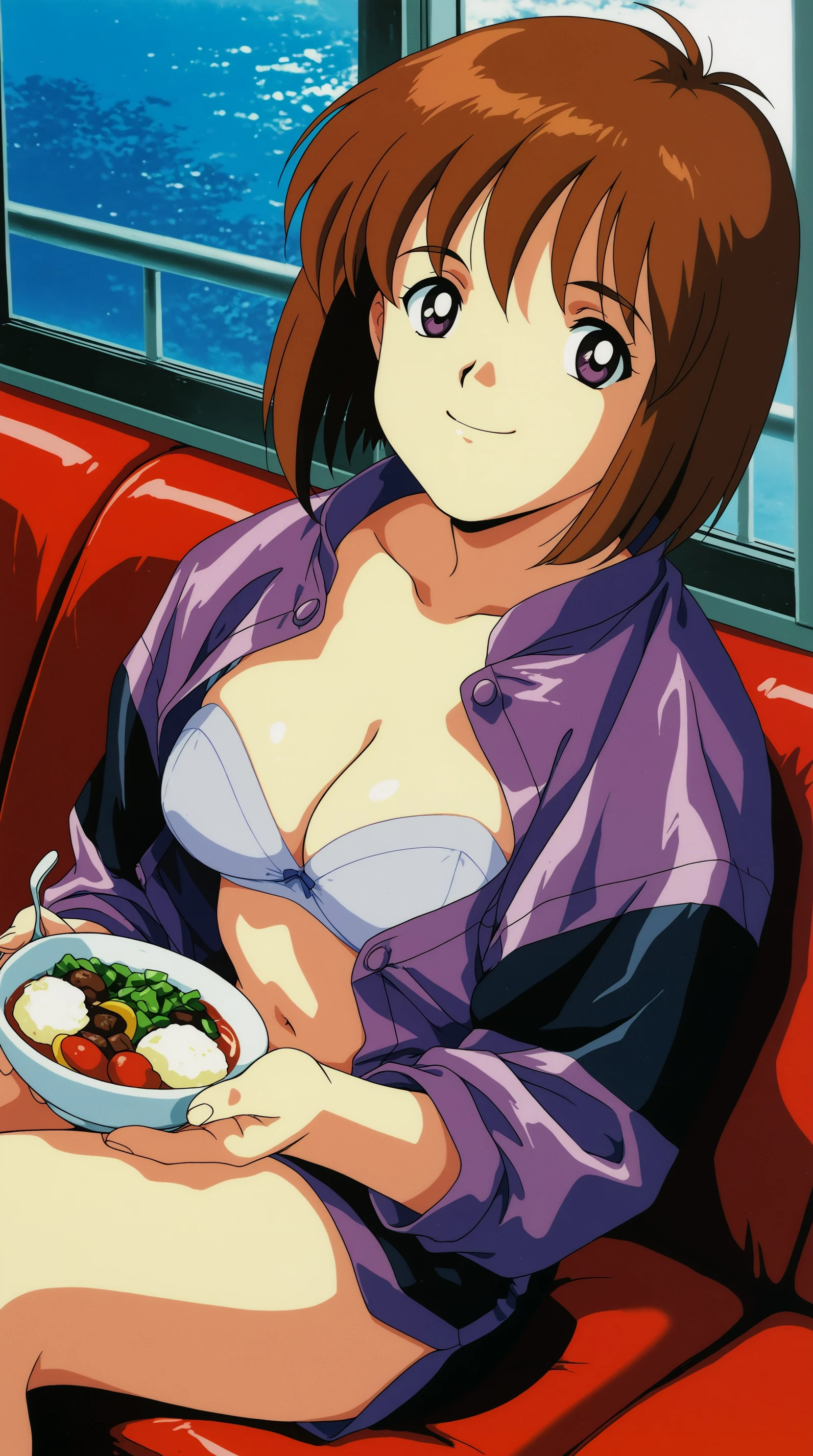 masterpiece, best quality, indoors, cinematic lighting, amazing quality, very aesthetic, absurdres, best quality, 4k, upscale, Aoi Zip Girl, smile, shirt, sitting, jacket, open clothes, food, bra, open shirt, retro artstyle, <lora:JN_Aoi_Zip_Girl_Illus:0.8>