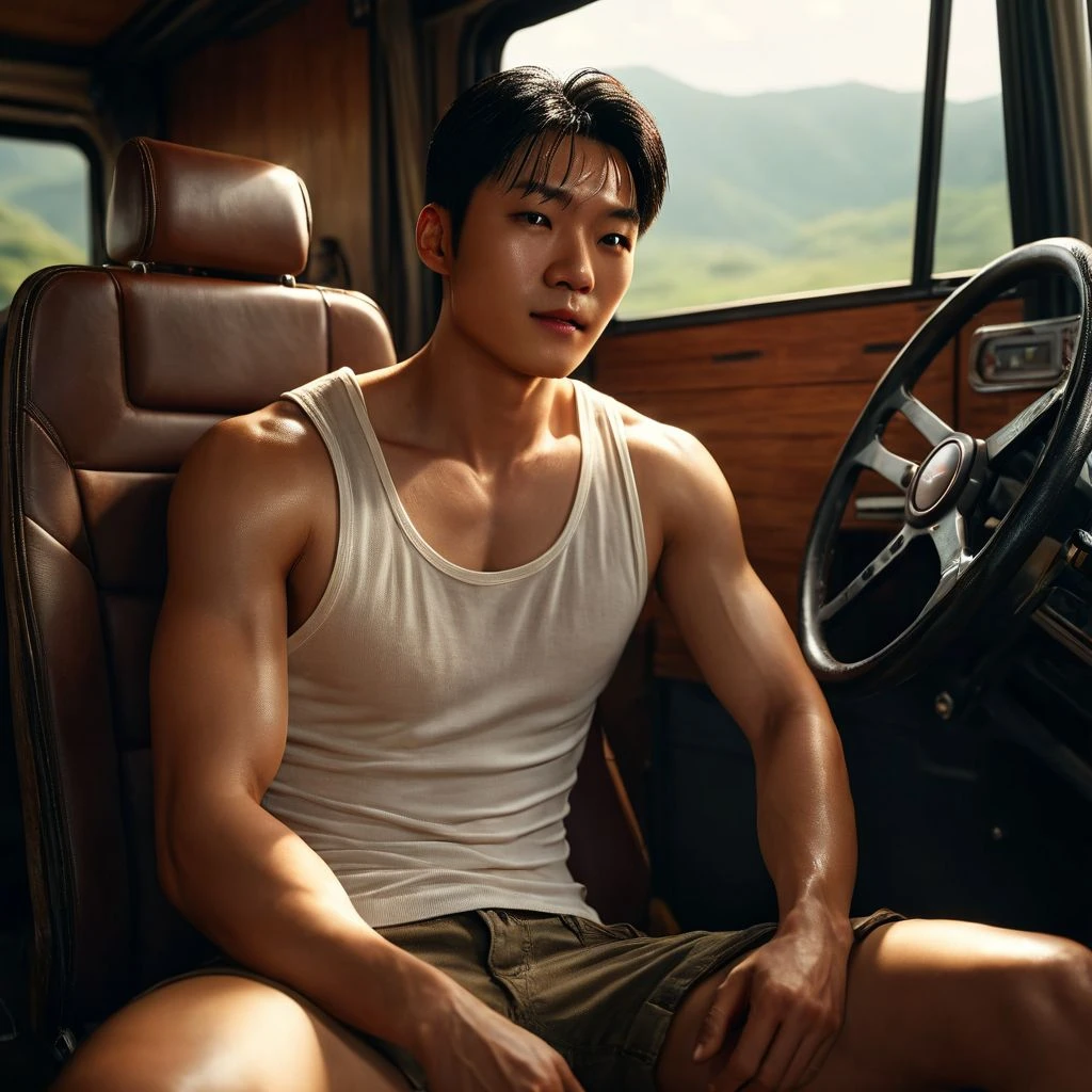 WEaring undies, Muddy off-road place scenery, off-road car, Very hairy body, wet muddy body, mud covering all over the body, very hairy armpits, hairy pubic, hairy crotch, WEaring thong, Very hairy body, wearing dirty thin micro thong, very thin thong, Very dirty off-road place , Topless, shirtless, 17 years old boy, very young boy, Cinematic soft lighting illuminates a stunningly detailed and ultra-realistic handsome korean male supermodel, ultra messy curly hair, clear honey eyes, captivating perfect smile, sensual, hot man, insanely handsome, showing off his sweaty body, very sixpack muscular body build, slender, toned, full body, 8k, photography, masterpiece, detailed face, detailed eyes, detailed, very bushy hairy armpits, only wearing very thin micro thong with very big bulge, very wet body, very sweaty body, off-road car in the background, off-road place scenery