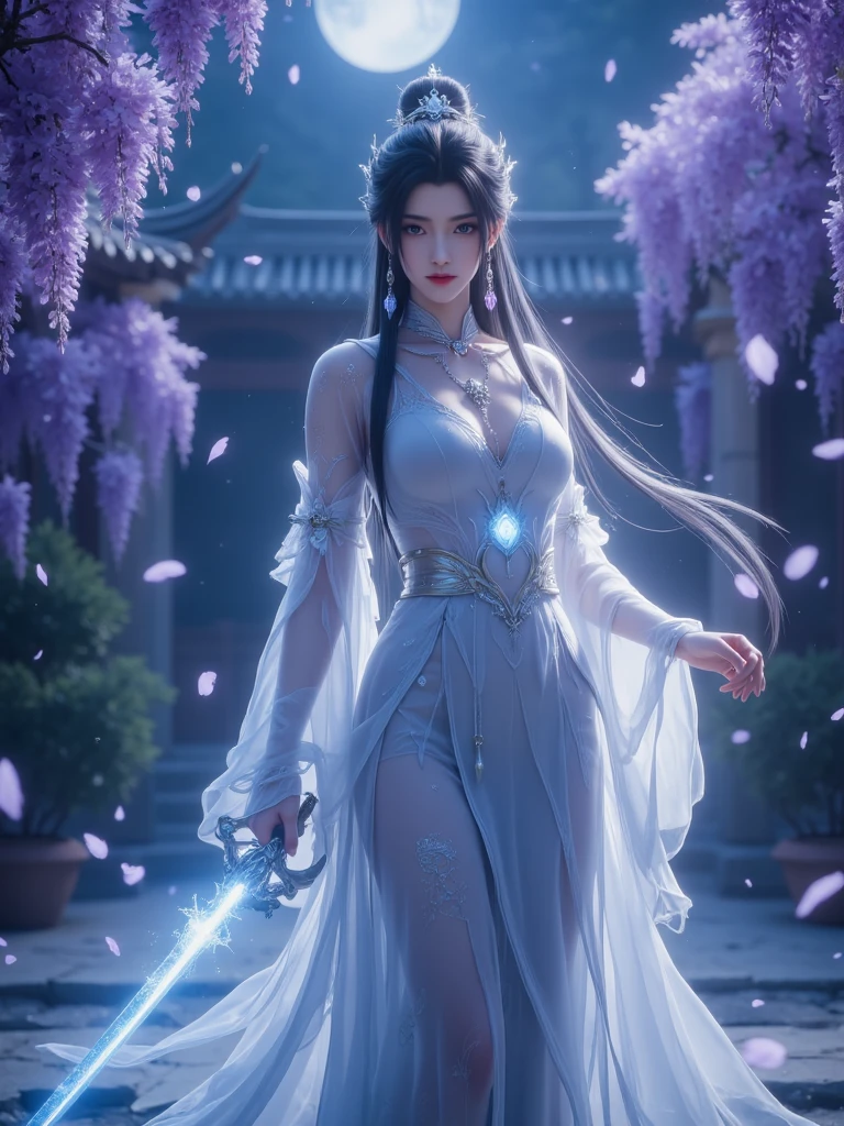 Amidst cascading purple wisteria vines in a moonlit courtyard, a sword-wielding goddess stands poised on a jade railing. Her flowing black hair is braided with glowing moonstone chains that mirror the constellations. The translucent silk qixiong ruqun clings to her lithe form, the neckline revealing a porcelain collarbone while layered skirts swirl like mist around her ankles. Frost patterns shimmer across her bodice, coalescing into celestial maps at her waist. Her Tianya jade pendant glows faintly between her breasts, casting soft light on the cold steel of Tiancong Sword. Pale sakura petals freeze mid-air around her blade's aura.