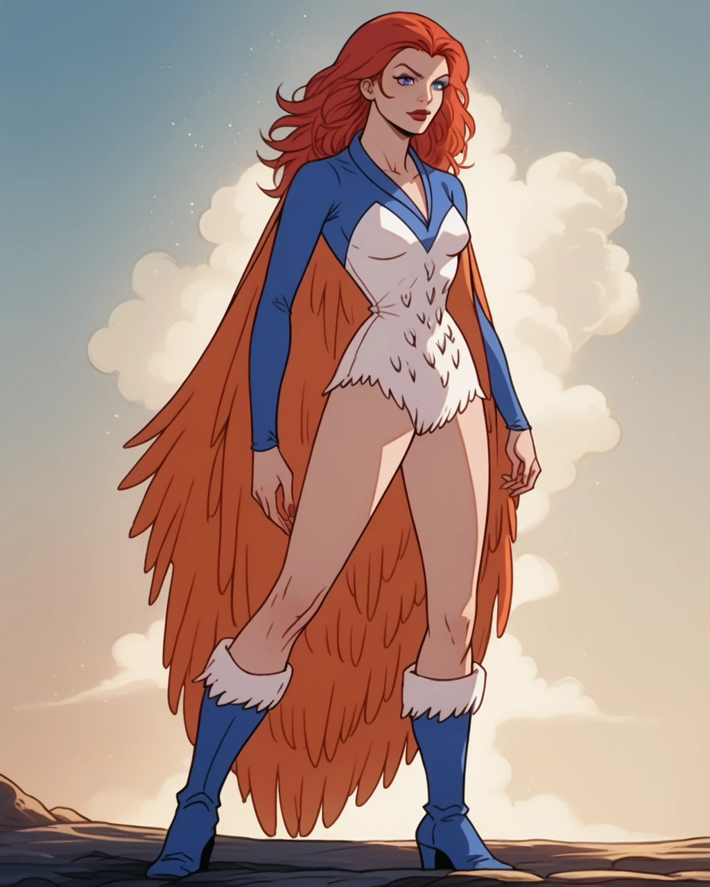 score_9, score_8_up, score_7_up, masterpiece,best quality,amazing quality, absurdres, source_cartoon, 1girl, solo, <lora:motu_sorc:1> motu_sorc, sorc, blue eyes, red hair, hair down, straight hair, blue white leotard, orange feather cape, standing, furred boots