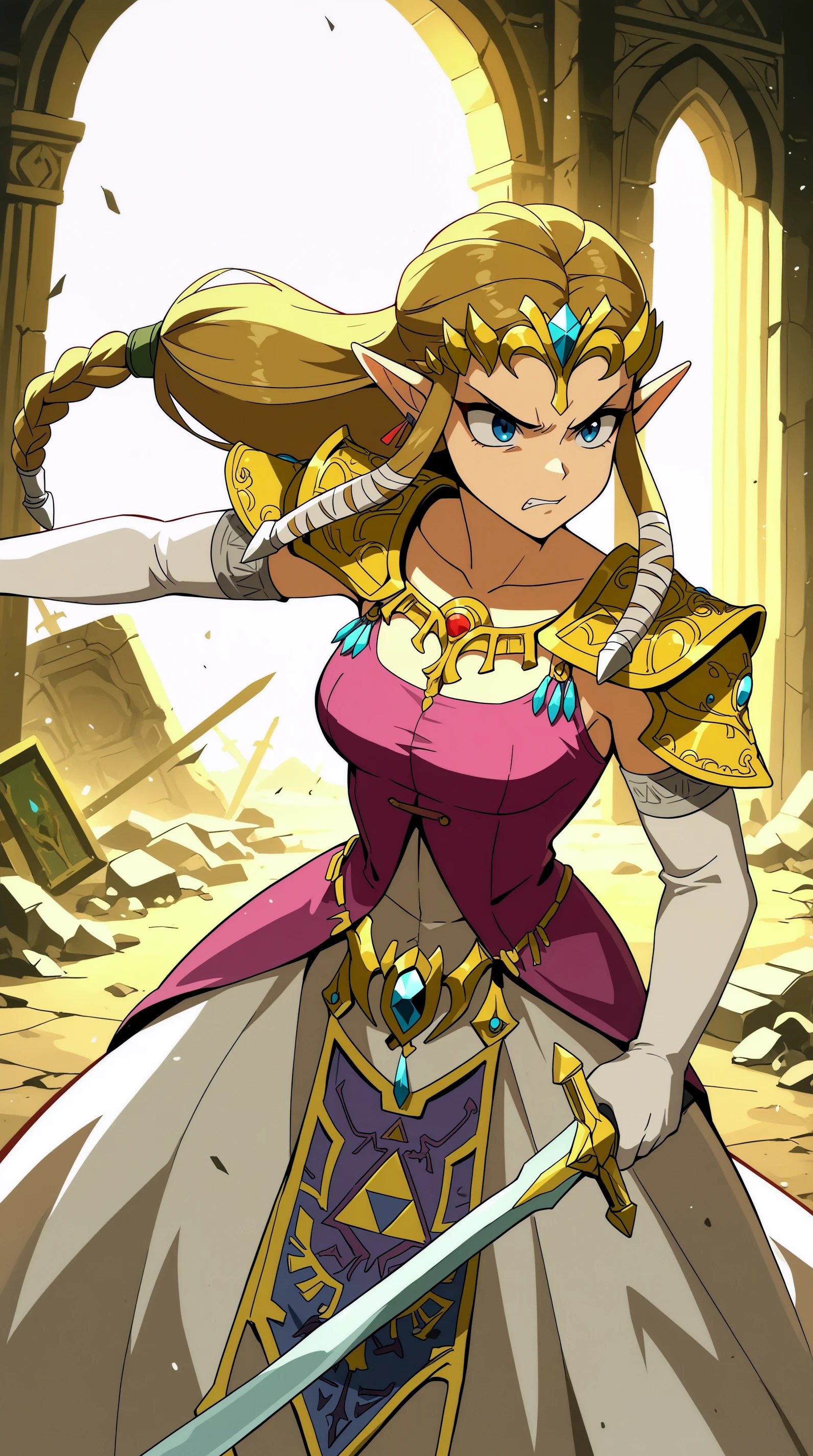 masterpiece, best quality, indoors, cinematic lighting, amazing quality, very aesthetic, absurdres, best quality, 4k, upscale, Zelda TP, Main Outfit, solo, holding, weapon, sword, holding weapon, left-handed, angry, fighting pose, ruins, dark fantasy, indoors, anger, <lora:JN_Zelda_TP_Illus:0.8>
