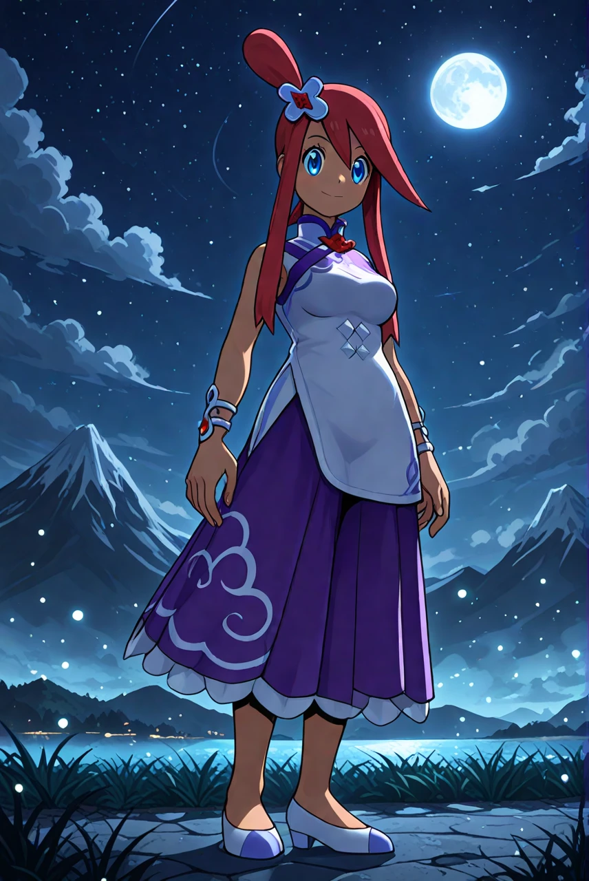 (1girl, solo),standing, night sky, moonlight, dreamlike atmosphere, glowing edges, mystical, high contrast, ethereal light, light particles, medium_breasts, anniskyla, askylex, dark-skinned_female, red_hair, short_hair_with_long_locks, blue_eyes, chinese_clothes, white_dress, purple_skirt, sleeveless_dress, silver_bracelet_with_red_gem, purple_cloud_armlet, hair_ornament_\(blue\), shoes, white_footwear, high_heels, blue_shoe_tips
