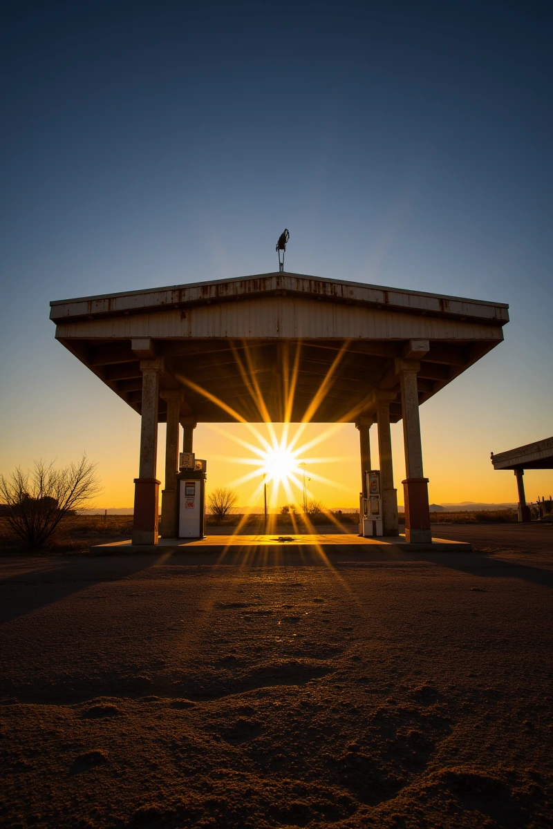 Rust_Decay,Enhanced_Lighting_and_Textures,The image captures a scene of an abandoned gas station at sunset. The station's structure features a classic design with a large, flat roof supported by pillars, creating a canopy over the pumps. The building appears weathered, with visible wear and some missing elements, suggesting long-term disuse. The sun is positioned just above the horizon, directly in line with the station's entrance, creating a bright starburst effect. The sky transitions from a warm orange near the sun to a cooler blue as it stretches upward. The ground is barren and cracked, with sparse vegetation, indicating a dry, possibly desert-**** environment. The overall mood is one of solitude and the passage of time, as the once bustling station now stands silent against the backdrop of the setting sun.