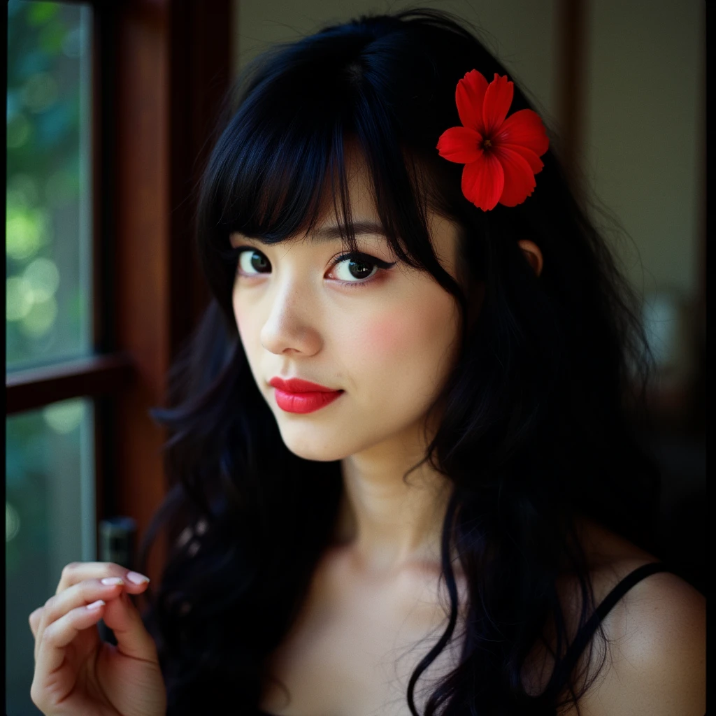 cinematic film still of <lora:Celluloid Film v1:0.9>
Kodak Ektar analog film stocks of a woman with a red flower in her hair detailed image, sharp edges, cinematic, cinematography, Kodak Ektar analog film stocks style, 1girl, solo, long hair, looking at viewer, black hair, hair ornament, flower, parted lips, hair flower, blurry, black eyes, lips, blurry background, makeup, portrait, polka dot, lipstick, realistic, red lips, polka dot dress, shallow depth of field, vignette, highly detailed, high budget, bokeh, cinemascope, moody, epic, gorgeous, film grain, grainy