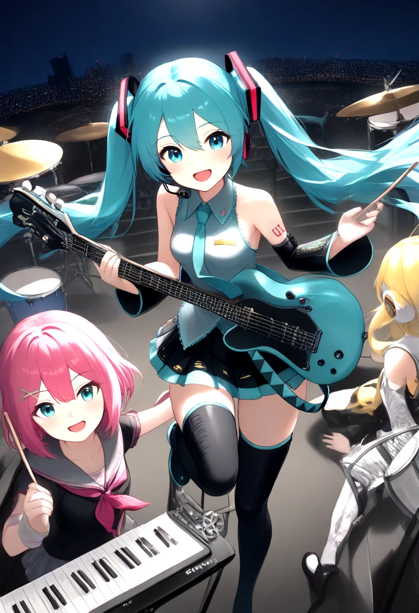 masterpiece,best quality,amazing quality,absurdres,<lora:hatsune_miku_illustrious:0.7>,hatsune_miku_illustrious,1boy,3girls,:d,aqua eyes,aqua hair,aqua necktie,arm up,band \(music\),bare shoulders,black footwear,black leg warmers,black shirt,black shorts,black skirt,black sleeves,blonde hair,blue eyes,boots,bow,breasts,brother and sister,brown sleeves,building,city lights,cityscape,collared shirt,detached sleeves,drum,drum set,drumsticks,electric guitar,floating hair,floating stairs,from above,grey sailor collar,grey shirt,grey sleeves,guitar,hair between eyes,hair bow,hair ornament,hand up,headphones,high heels,holding,holding drumsticks,holding instrument,instrument,keyboard \(instrument\),leg up,leg warmers,long hair,long skirt,looking at viewer,medium breasts,microphone stand,miniskirt,multiple girls,necktie,night,pink hair,pleated skirt,sailor collar,shirt,short hair,shorts,siblings,single detached sleeve,sitting,skirt,sleeveless,sleeveless shirt,smile,solo focus,stage,stage lights,standing,standing on one leg,thigh boots,truss,twins,twintails,very long hair,white shirt,