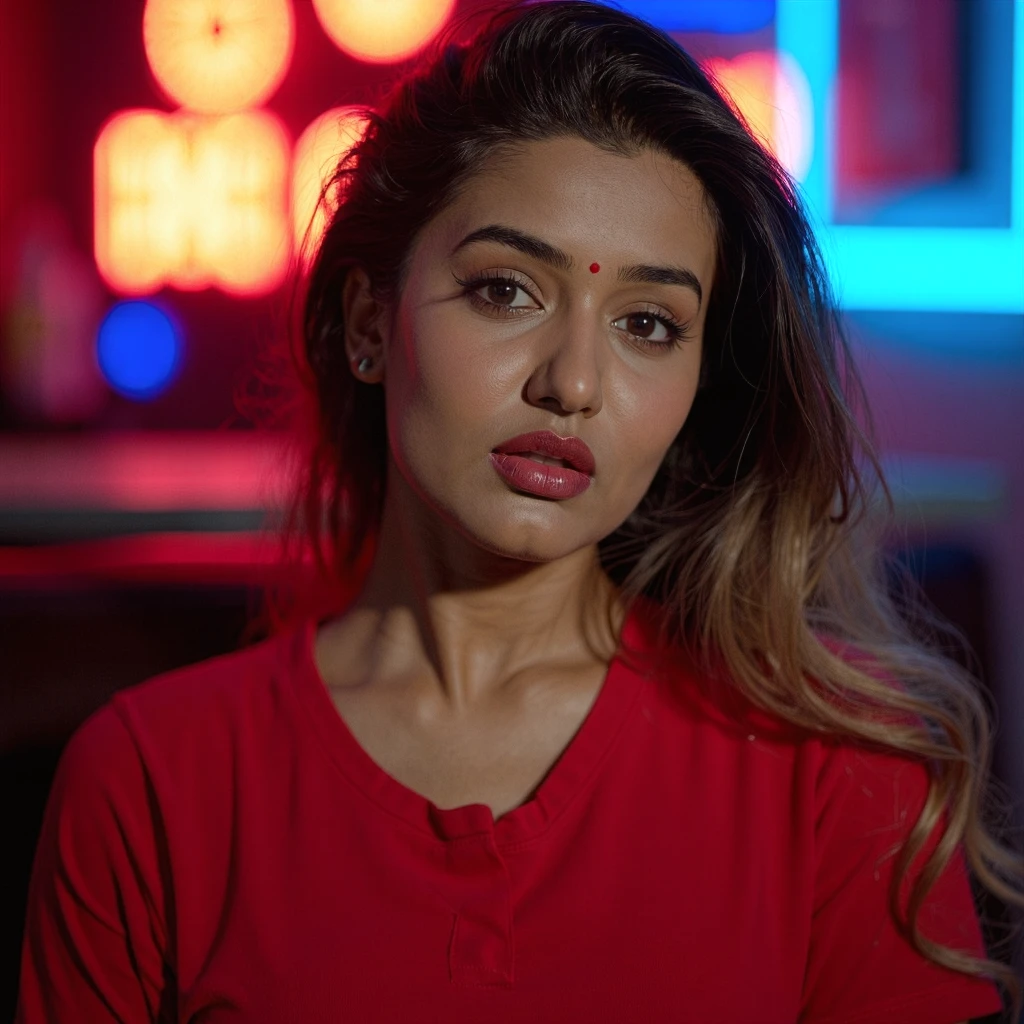 gima_ashi Garima Chaurasia, high resolution cinematic still, high resolution image, high resolution image Soft, photography, portrait, beatiful woman, ((no colored dot on face)), (wearing a red t-shirt), in a bar, moody lights, gentle focus on her serene expression, detail-oriented, inspiration from renowned photographers like Annie Leibovitz, high resolution, studio lighting, medium telephoto lens, front view, detail-oriented, RAW photo, highest quality, high detail RAW color photo, professional photo, extremely detailed UHD 8k wallpaper, shot using song a7riv, 48mp shot, (artstation:1.3), low contrast