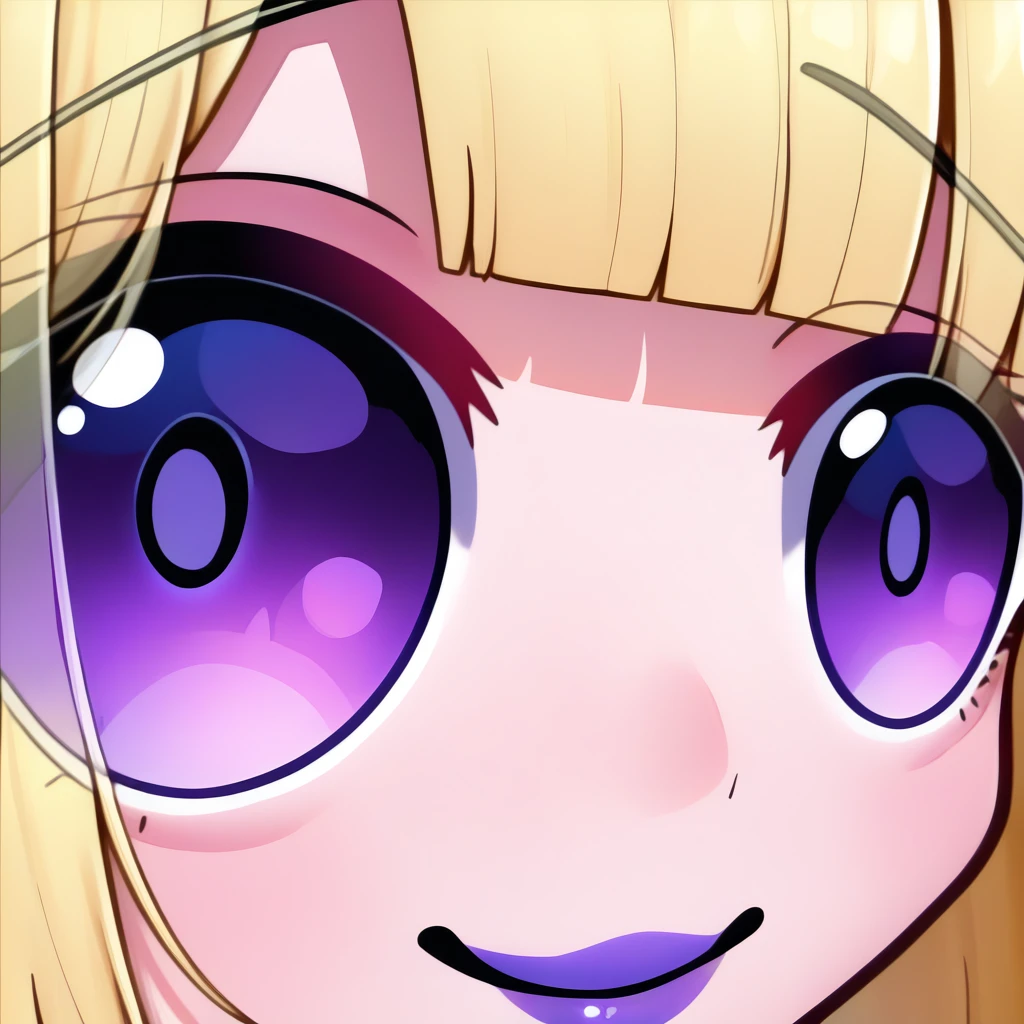 masterpiece, best quality, newest, absurdres, highres, eye focus, close-up, smile, closed mouth, portrait, <lora:StareMeme_illusXLNoobAI_Incrs_v1-000008:1>, 1girl, blonde, bob cut, fennec ears, purple eyes, purple lips