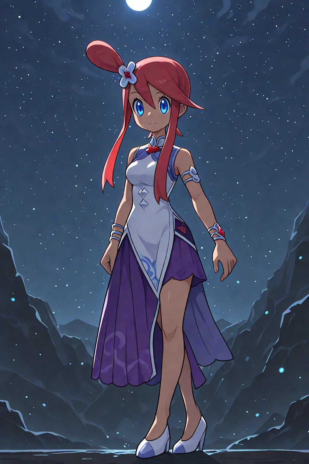 (1girl, solo),standing, night sky, moonlight, dreamlike atmosphere, glowing edges, mystical, high contrast, ethereal light,  light particles,  medium_breasts, anniskyla, askylex, dark-skinned_female, red_hair, short_hair_with_long_locks, blue_eyes, chinese_clothes, white_dress, purple_skirt, sleeveless_dress, silver_bracelet_with_red_gem, purple_cloud_armlet, hair_ornament_\(blue\), shoes, white_footwear, high_heels, [blue_shoe_tips]