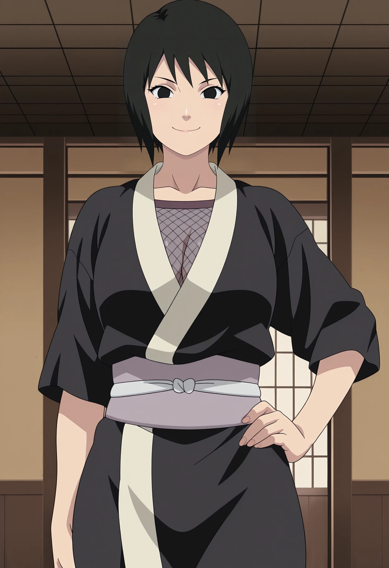 1girl,solo,mm,mature female,black hair,short hair,black eyes,,anime coloring,
,fishnets,japanese clothes,ninja,hand on own hip, looking at viewer, smile,indoors
,masterpiece,best quality,amazing quality,<lora:Shizune-Naruto:0.8>