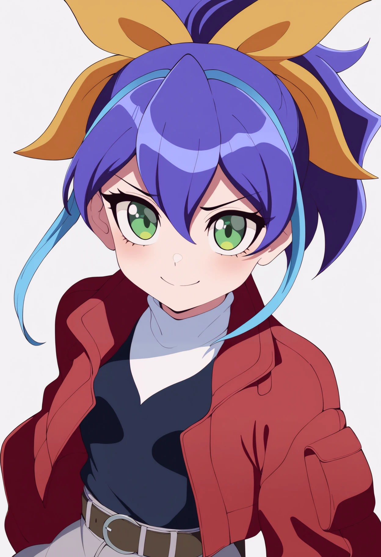 best quality, amazing quality, very aesthetic, absurdres, thick lineart,
1girl, celina, blue hair, ponytail, hair bow, two-tone hair, green eyes,
red jacket, grey skirt, belt,
upper body,
smile, looking at viewer, solo, simple background, white background, <lora:CelinaSerenaNoobXL_byKonan:1>