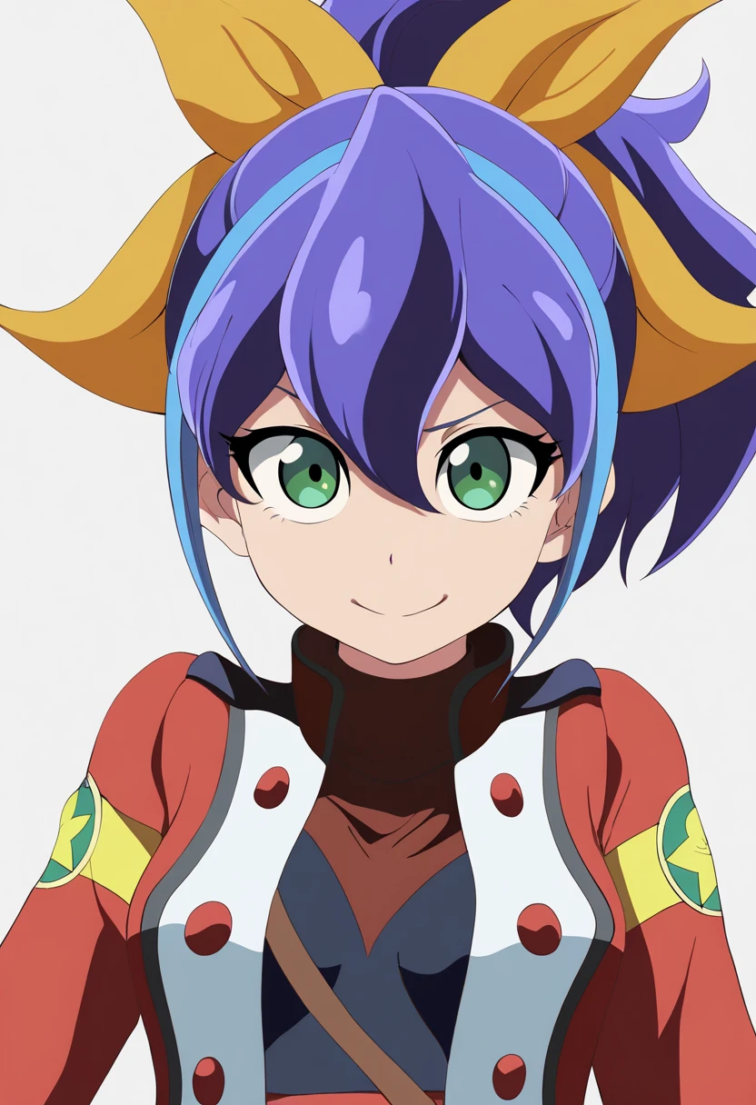 best quality, amazing quality, very aesthetic, absurdres, thick lineart,
1girl, celina, blue hair, ponytail, hair bow, two-tone hair, green eyes,
academy uniform, bike shorts, jacket,
upper body,
smile, looking at viewer, solo, simple background, white background,  <lora:CelinaSerenaNoobXL_byKonan:1>
