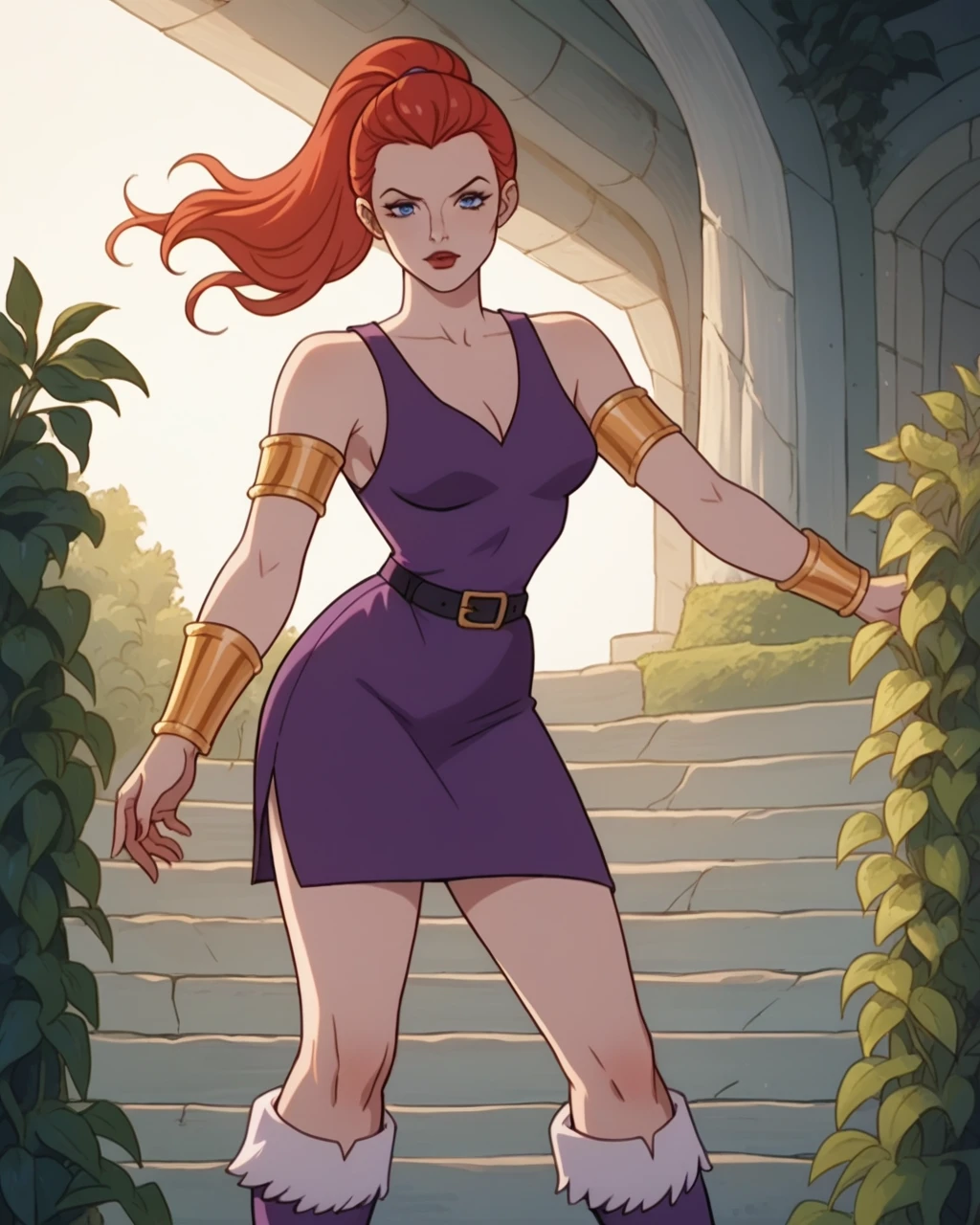 score_9, score_8_up, score_7_up, masterpiece,best quality,amazing quality, absurdres, source_cartoon, 1girl, solo, <lora:motu_sorc:1> motu_sorc, teelana, red hair, ponytail, blue eyes, purple tunic, black belt, gold armbands, gold bracelets, white furred boots