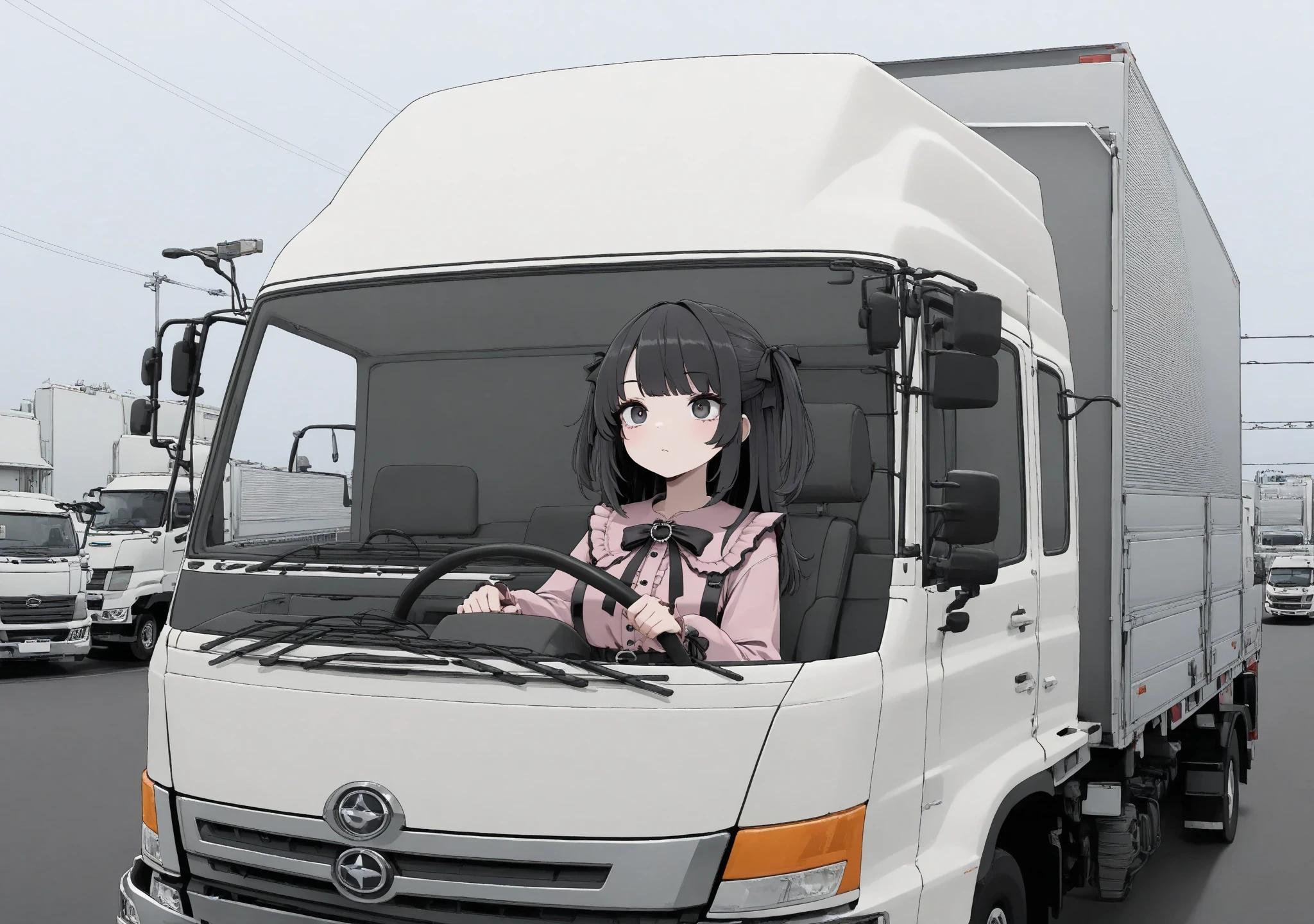 masterpiece,(bestquality),highlydetailed,ultra-detailed,illustration,(1girl),black hair,(detailedeyes),Jirai Kei fashion,(driving:1.2),Japanese truck,(nightime),Expressway,Right-hand drive car