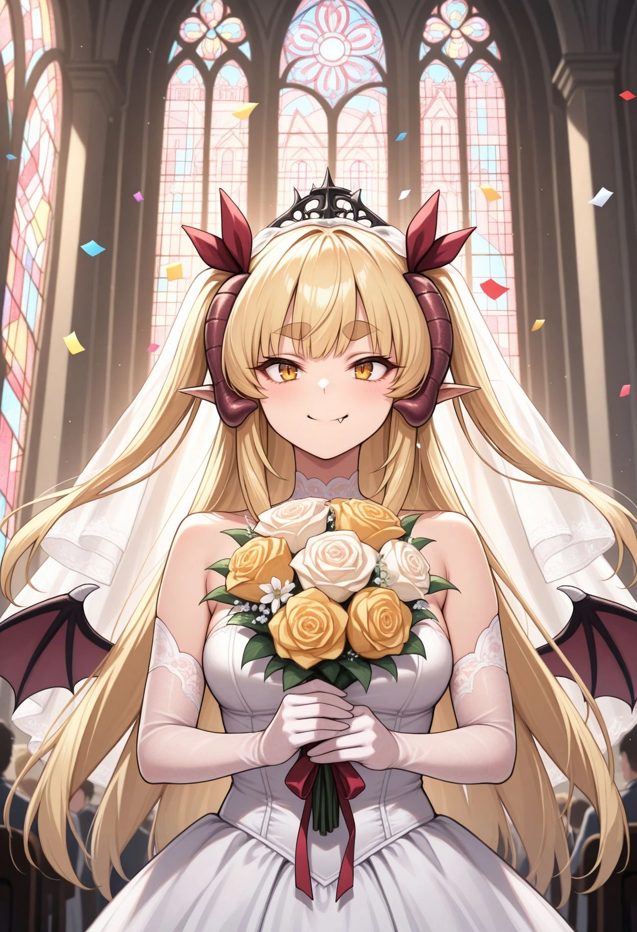 masterpiece,best quality,absurdres,highres,very aesthetic,high quality,detailed,insanely detailed,beautiful,perfect lighting,
<lora:Lily illu v2:0.8> 1girl, blonde hair, long hair, two side up, pointy ears, demon horns, demon girl, thick eyebrows, demon wings, fang out,
indoors, church, stained glass, whie veil, laced gloves, upper body, close portrait church, holding bouquet, (confetti:1.1), smile, white dress, wedding dress, church, holding bouquet, (confetti:1.1)