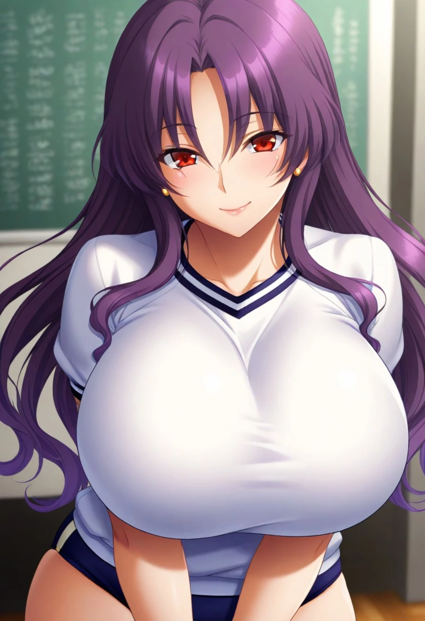 one girl, cartoon, masterpiece, best quality, dark room, dark volumetric shadows, realistic, extreme detail, 25 year old Yuri from doki doki literature club in tight businesses casual clothes, clothes are too tight, sweaty hair and chest, strange and cute face shape, hair in eyes, volumetric lighting, 8k, detailed face, girl blushing, (asymmetrical long bangs), dark purple hair, sanpaku_eyes, teeth, ((light purple eyes)), solo, from above, pov, unbuttoned top, cleavage, floor, kitchen, (((long, huge and saggy breasts))) giant breats, huge tits, gigantic boobs, blushing, ((sad face expression,)) teeth, deep skin, large swollen 2d, masterpiece, best quality, anime, highly detailed, cowboy shot, 1girl, solo, yuri, purple eyes, purple hair, long hair, hairclip, [[large breasts]], school uniform, blazer, brown sweater, collared shirt, neck ribbon, blue skirt, standing, own hands together, expressionless, classrooM