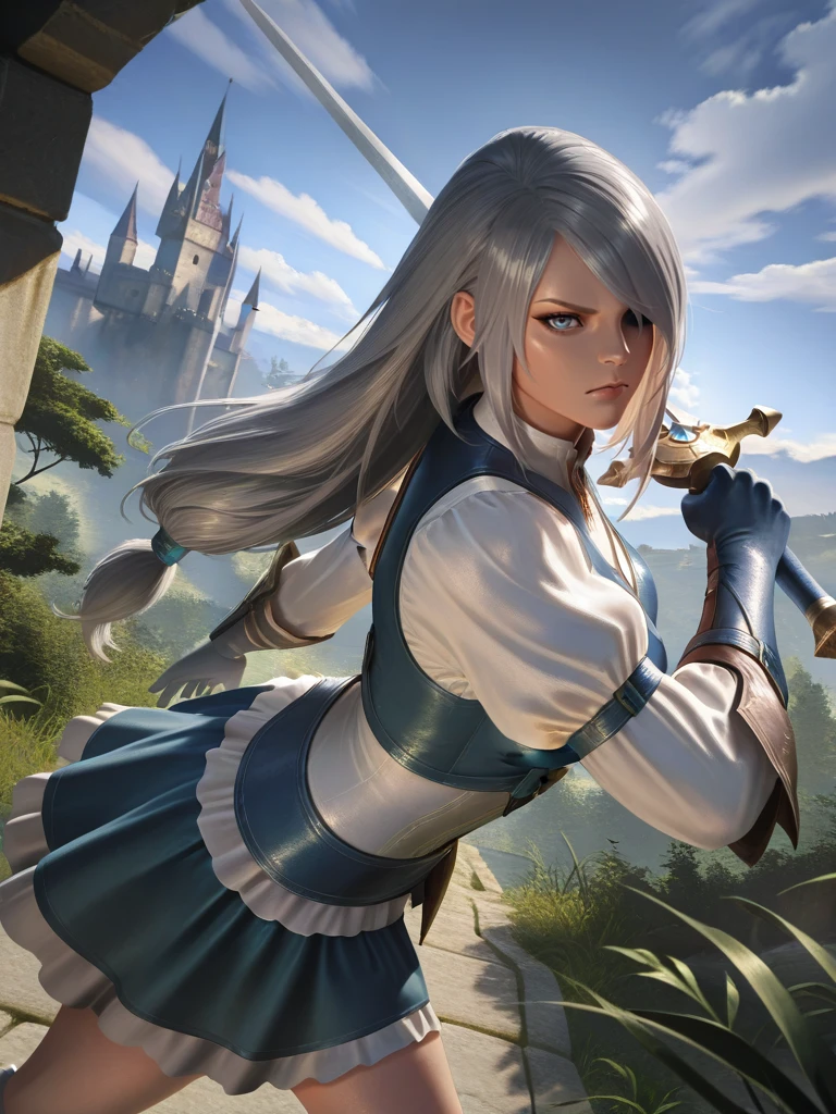 1girl, medium breasts, (JillXL:1.1), white shirt, vest, dress, skirt, long sleeves, puffy sleeves, blue eyes, grey hair, long hair, gloves, one eye covered,
serious, dutch angle, sexy pose, looking at viewer, blue sky, clouds, castle behind, vegetation, daylight, dynamic pose, cowboy shot, leaning forward, holding sword, fighting stance, from side,
<lora:AjillWarrick_character:0.7> <lora:League_of_Legends__illustrious-XL:0.8> league of legends, official art, photorealistic,