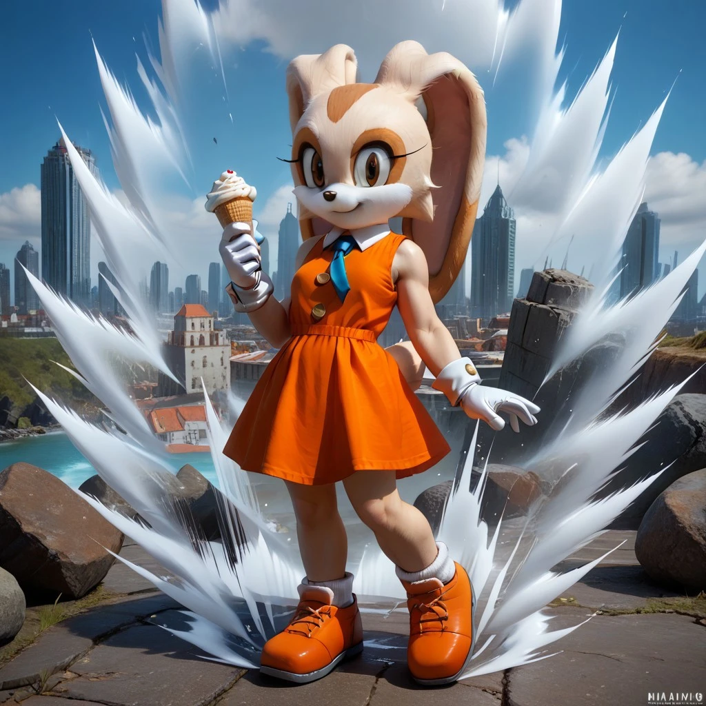 score_9, score_8_up, score_7_up, realism,
, masterpiece, beautiful, 1 girl, solo,, aura surrounding girl, glowing girl, rocks floating,
Kipowerup, small ki,glowing energy field, sharp jagged glowing energy waves,energy radiating from skin, white aura,
Full body,
Cream the rabbit, 1girl, solo, anthro, furry, female, furry female,animal nose, smile,
orange dress, blue necktie, orange and yellow_ hoes, white socks, white gloves, gold buttons, white collar,orange shoes, city, bilding,