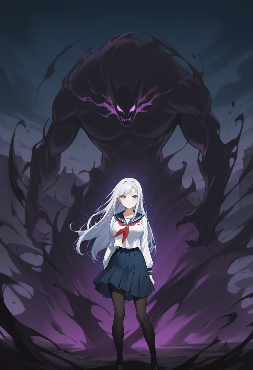 <lora:darkeffect_illustrious_v3-000009:1>,darkeffect,1girl,solo,bangs,simple background, 
outdoors,night closed_mouth, large breasts, white_hair standing,looking at viewer,blue eyes,school uniform,dynamic pose, action
BREAK
outdoors,dark,darkness,dark aura,monster,shadow monster
