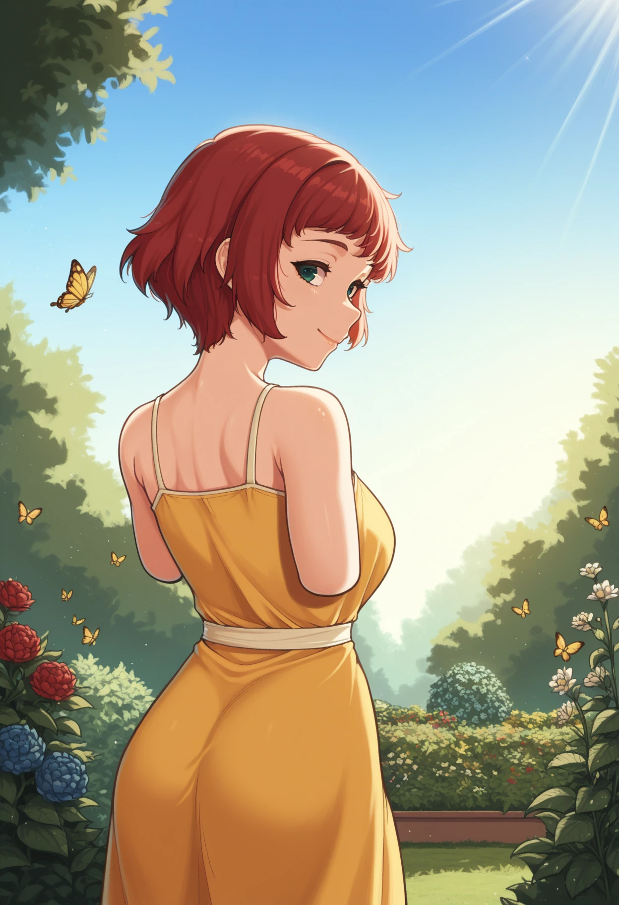 masterpiece, best quality, <lora:NSRinKatawa:1> NSRinMisc, armless amputee, red hair, short hair, green eyes, yellow sundress, from behind, looking back, smile, garden, outdoors, sun rays, butterflies, blue sky