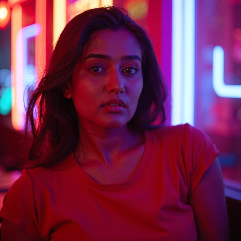 gima_ashi Garima Chaurasia, high resolution cinematic still, high resolution image, high resolution image Soft, photography, portrait, beatiful woman, no spot between eyebrows:1.5, (wearing a sleeveless red t-shirt), in a bar, neon lights, gentle focus on her serene expression, detail-oriented, inspiration from renowned photographers like Annie Leibovitz, high resolution, studio lighting, medium telephoto lens, front view, detail-oriented, RAW photo, highest quality, high detail RAW color photo, professional photo, extremely detailed UHD 8k wallpaper, shot using song a7riv, 48mp shot, (artstation:1.3), low contrast