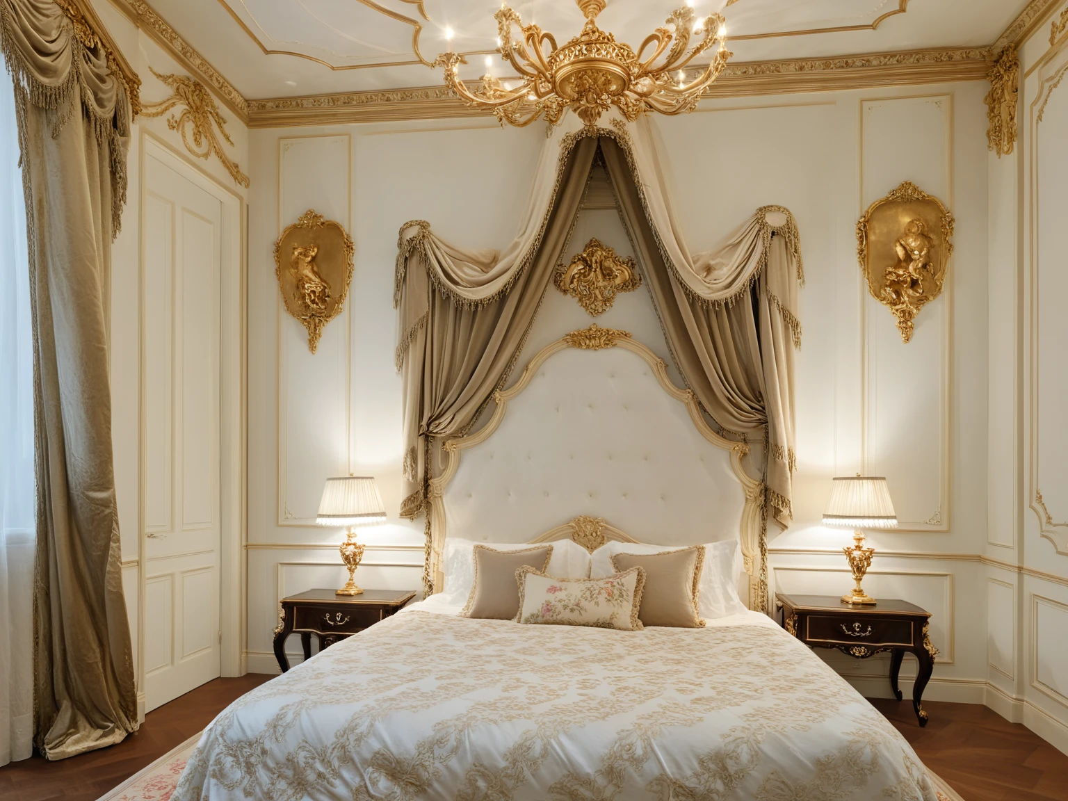 <lora:JJsRococoStyle_XL:1> , (Rococo),((best quality)),((masterpiece)),((realistic)), indoors,  no humans,  scenery, ceiling light, blanket, painting,  still life, carpet, subject, rug,bed,  golden_ratio,