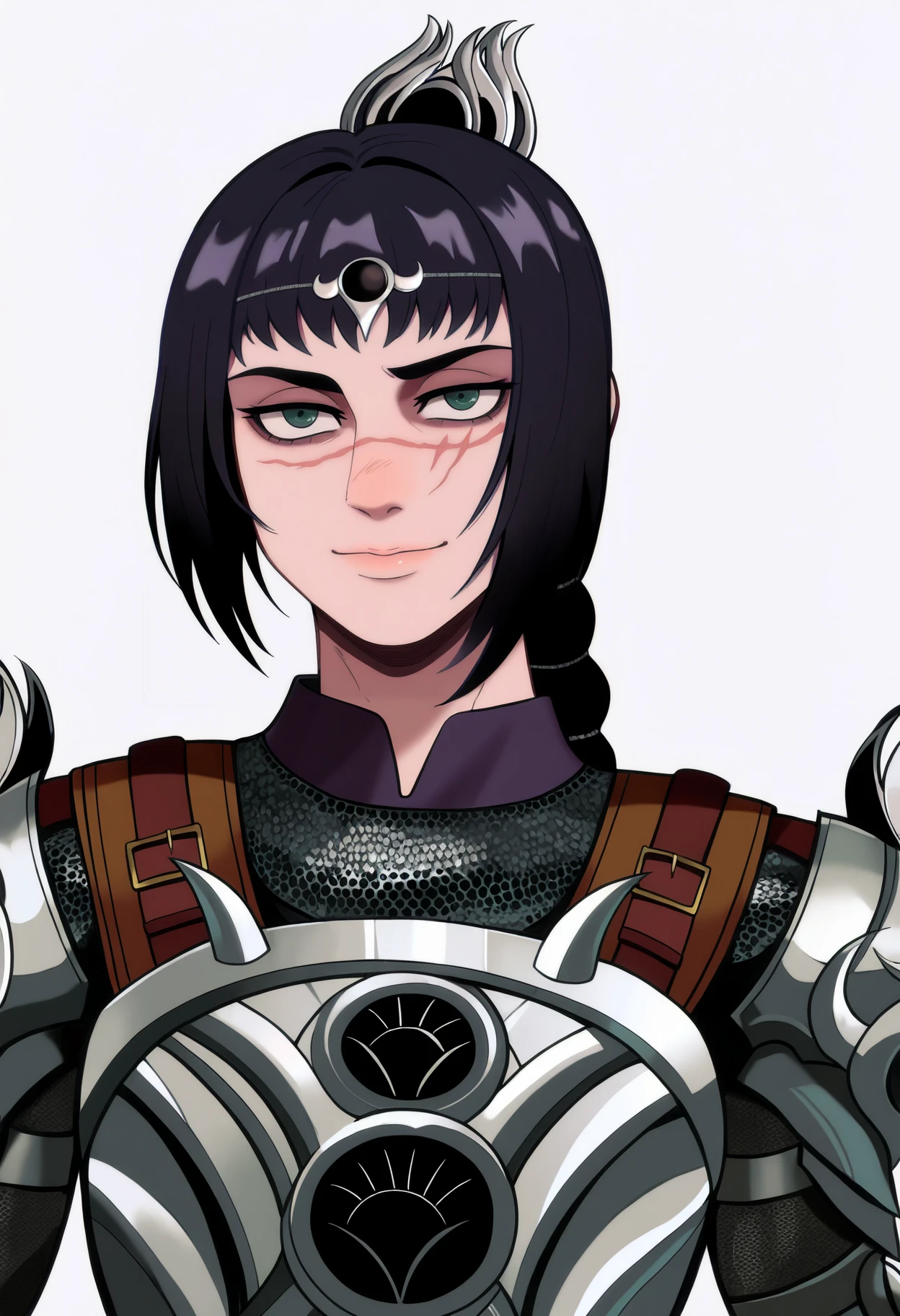 best quality, amazing quality, very aesthetic, absurdres,
1girl, solo, shadowheart, black hair, braided ponytail, green eyes, scar on face, circlet, armor,
smile, looking at viewer, upper body, simple background, white background, <lora:ShadowHeartIllustrious_byKonan:0.8> <lora:AttackOnTitanNoobLocon_byKonan:1>