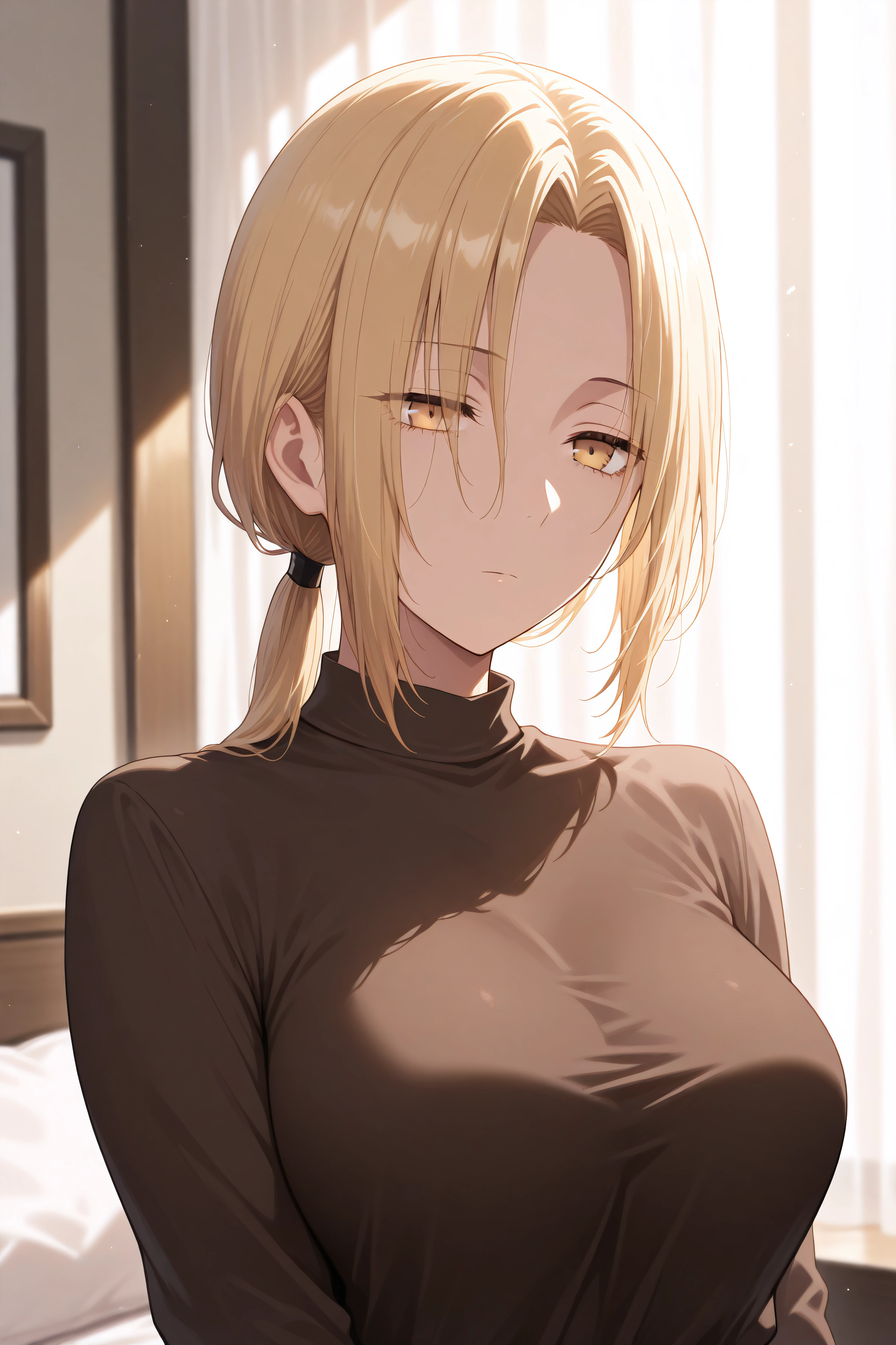 (masterpiece, best quality), <lora:Yuko Kurose-Illustrious-lora-Faxtron:1> yukokurose, yellow eyes, eyes, blonde hair, low ponytail, mature, expressionless, dress,