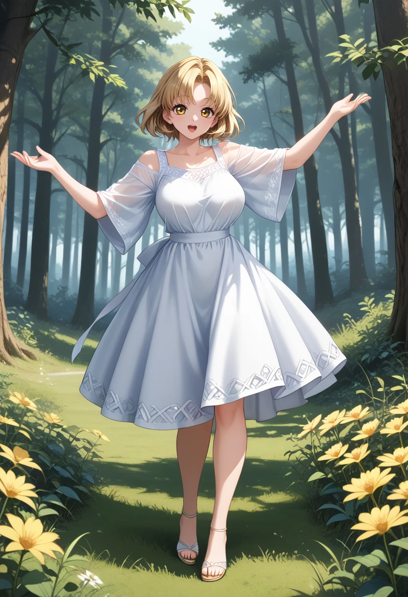 score_9, score_8_up, score_7_up, BREAK <lora:KuraruSada:1>,sanadak,1girl,short hair,yellow eyes,blonde hair,large breasts,lfull body,open arms,field forest,white dress,