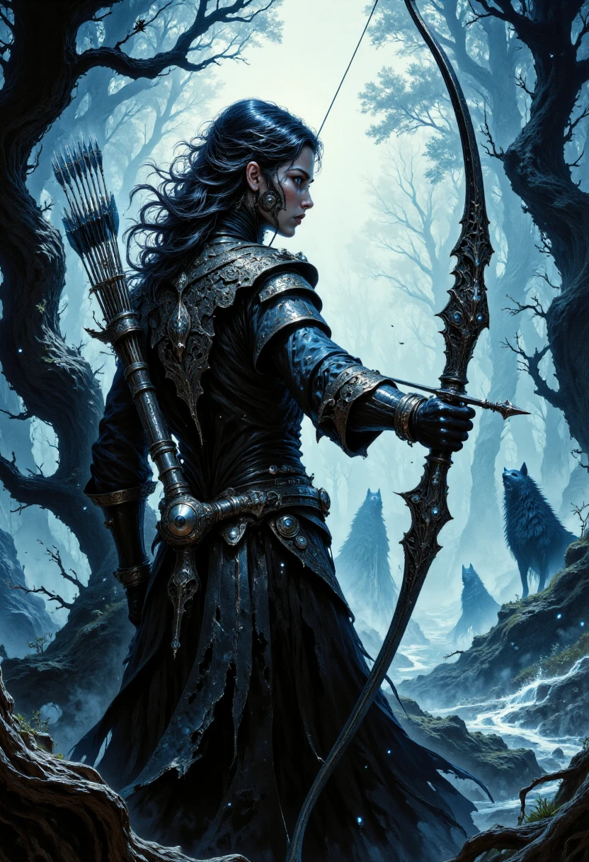 A mid-shot of a fierce archer standing at the edge of a misty, enchanted forest, bathed in the silvery glow of the full moon. Her long, flowing hair is adorned with delicate silver leaves, catching the moonlight with every subtle movement. She wears a sleek, dark leather outfit reinforced with elegant, leaf-like armor plates that seem to blend seamlessly with the surrounding foliage. A quiver filled with ethereal, glowing arrows rests on her back, and in her hands, she grips a beautifully carved longbow that hums with quiet power. Her gaze is sharp and unwavering, fixed on something unseen beyond the trees. The air is filled with the distant howls of unseen creatures, and the ground beneath her feet is shrouded in swirling mist, giving the entire scene an otherworldly, dreamlike quality. <lora:FluxColorfulArtV1:1> C0lorful4rt