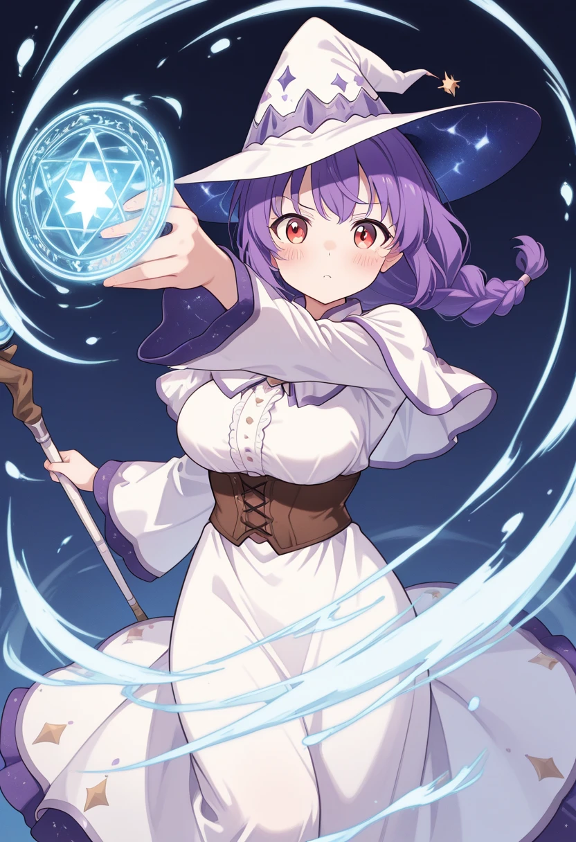 ((action)),action_pose,simple background, , ((holding_staff)),dynamic pose,((dynamic_angle,perspective)),action, magic circle, magic,action_scene,casting_magic,wind,aerokinesis,cyclone,aiming at viewer, twister,gust<lora:aerokinesis_v1_illustrious:.8> ,red_eyes,fluttering_clothes
BREAK
melitaphyllis, 1girl, breasts, blush, bangs, long sleeves, hat, dress, purple hair, wide sleeves, star, (symbol), white dress, capelet, witch hat, white headwear, corset, long dress, underbust, witch, white capelet, <lora:melita_phyllis_v1_illustrious:1>,white dress, braid, braided ponytail,