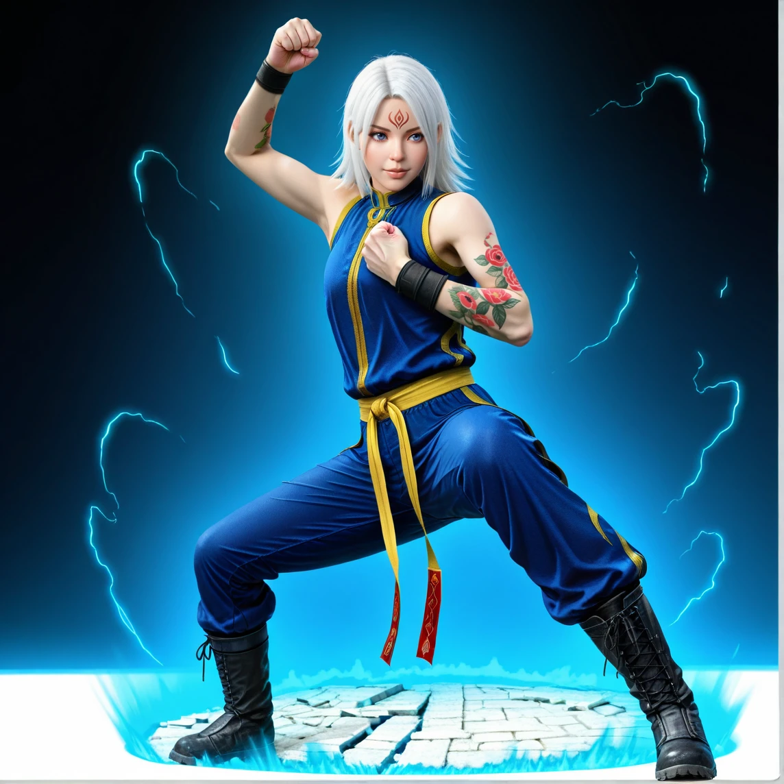 An (extremely fierce Sherpa woman (age 35), slim and toned figure, ankle length platinum hair, tiny loose fighting clothes, explosive fury) is channeling her Ki energy (resembling lightning), into a ('DragonBall' a large pulsing sphere of rainbow power being circled by the ghost of a dragon), best quality, extremely high detail, dramatic views
