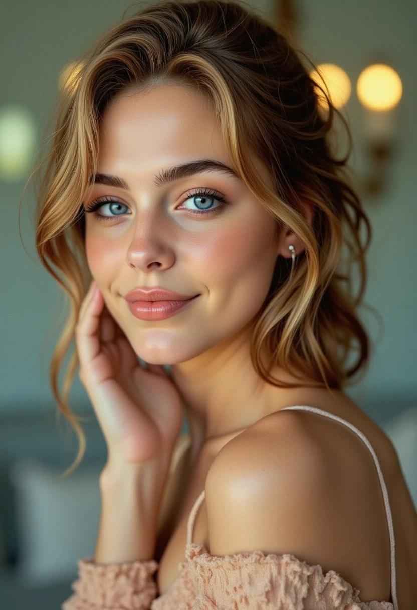 A stunning FACE CLOSE UP portrait of a YOUNG 18 YO GIRL , BLUE EYES, SMILING, wearing an elegant couture gown, aidmaimageupgrader,Captured with a Hasselblad X2D 100C and an 80mm f/1.9 lens, hyper-realistic textures, soft studio lighting, elegant shadows, styled for a Vogue beauty editorial, incredible realism, creamy bokeh, ultra-detailed textures, perfect lighting, styled for a Vogue coveR,aidmaimageupgrader