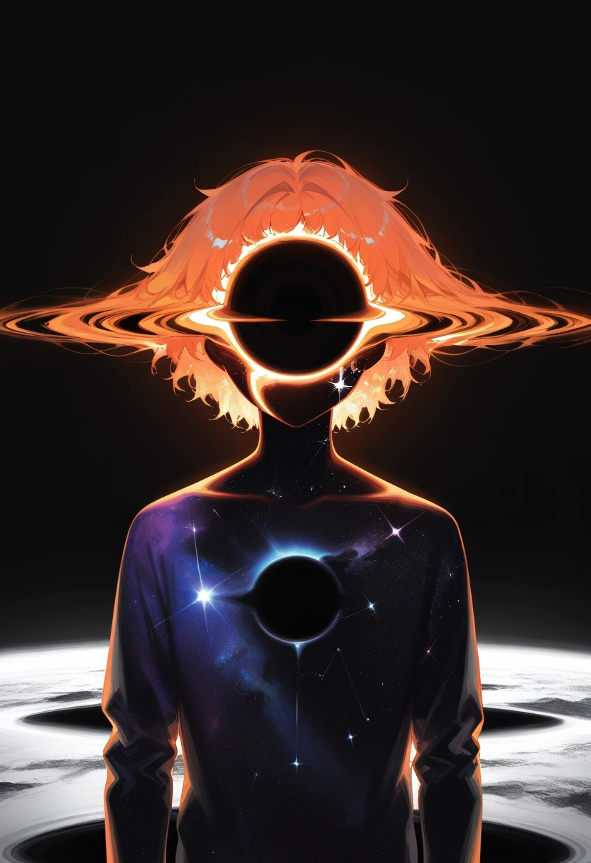 surreal, rsef, oil painting,( white background:0.8), rella, iridescent, multicolor, surreal, multicolor, masterpiece, best quality, amazing quality, very aesthetic, absurdres, newest, scenery, space skin, space, galaxy body, (faceless), (((black hole in face))), glowing, orange glow, star, earth \(planet\),space hair, (orange hair), cosmic horror
