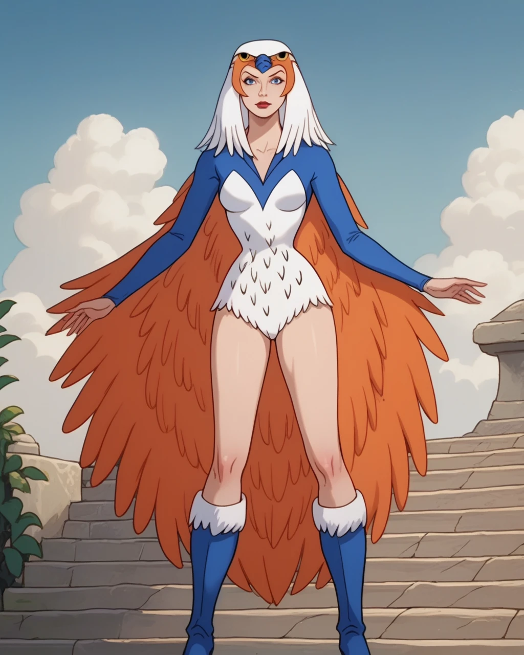 score_9, score_8_up, score_7_up, masterpiece,best quality,amazing quality, absurdres, source_cartoon, 1girl, solo, <lora:motu_sorc:1> motu_sorc, sorc, blue eyes, avian headdress, blue white leotard, orange feather cape, standing, furred boots