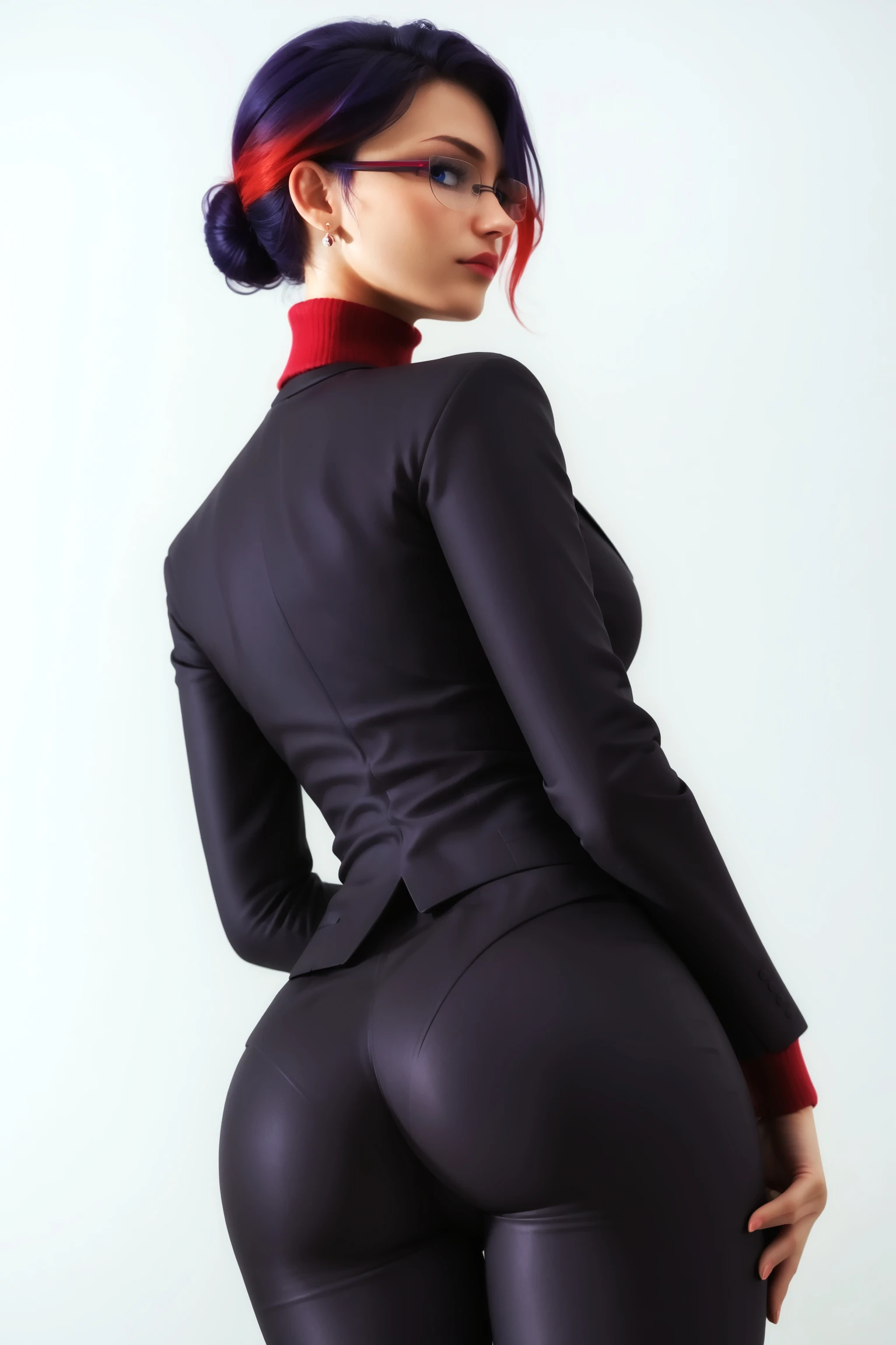 score_9, score_8_up, score_7_up, masterpiece, high quality, solo, imtdnatheliesancoeur, 1girl, short hair, from behind, ass, thick ass, ass focus, from below, looking at viewer, looking back, glasses, black hair, purple hair, red hair, multicolored hair, two tone hair, blue eyes, turtleneck, formal, suit, single hair bun, tight pants, makeup, black pants, sweater, earrings, long sleeves, eyelashes, semi-rimless eyewear, wide hips, sexy, large breast, simple_background