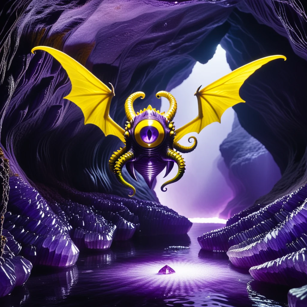 masterpiece, ultra quality, ultra detailed,  <lora:Magic_Creatures_Beholders_V2_SDXL1.0:1> beholders, bhv2, fangs, tentacles, eyes on tentacle tip, no humans, solo, floating, fangs, simple background, wings, full body, one-eyed, yellow sclera, in a deep cavern, backdrop purple amethyst cave, 35mm, realistic, eerie, dark, dark fantasy