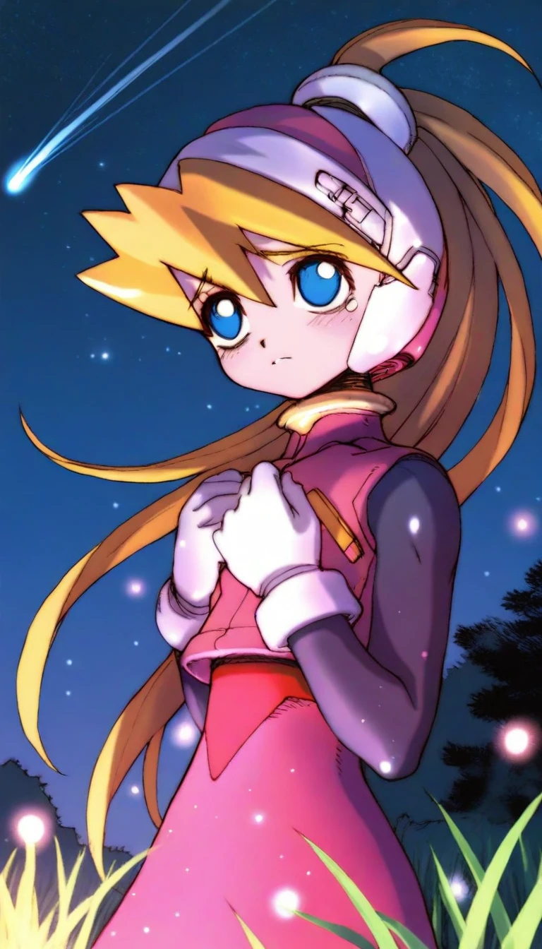masterpiece,best quality,amazing quality,
<lora:cielIL:1>,
cie1,
1girl,solo,blonde hair,long hair,bangs,ponytail,headdress,blue eyes,black bodysuit,pink waistcoat,pink skirt,white gloves,black tights,
looking up,furrowed brow,
upper body,standing,hands on chest,floating hair,
soft lighting,light particles,
outdoors,night,grass,tree,(shooting star:1.1),starry sky,