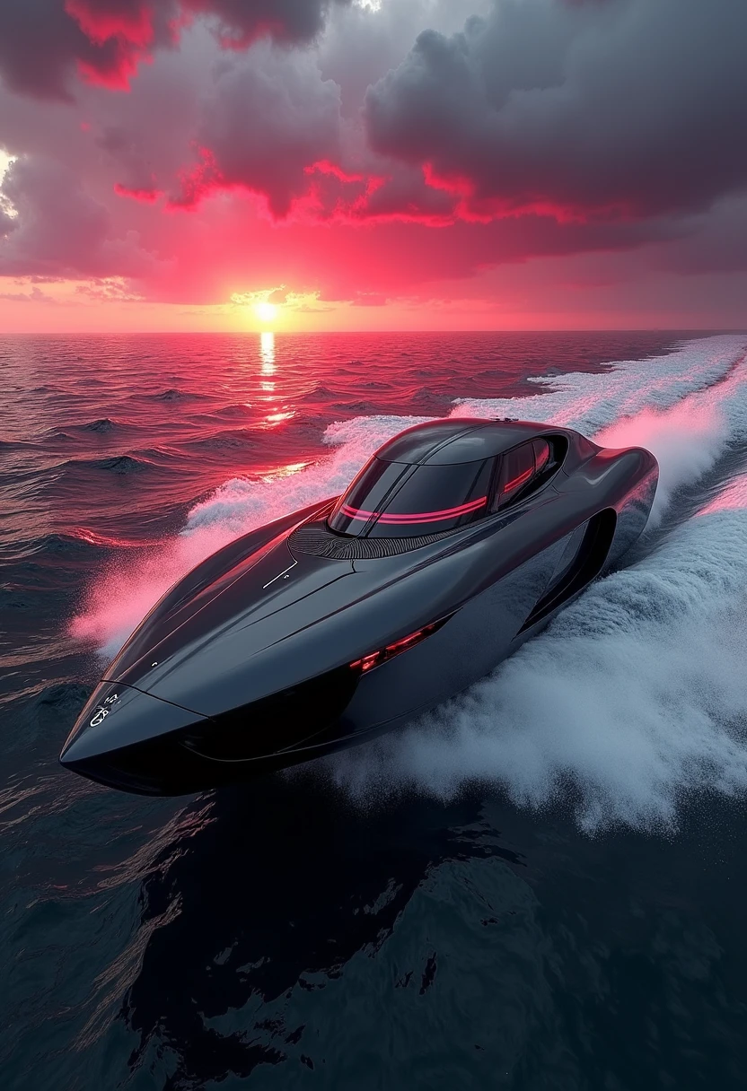 yfg-hpr A futuristic, highly advanced speedboat moving rapidly on a stormy ocean. The hull is made of a dark gunmetal alloy and the cockpit shows glowing led lights, and has a large air intake. The sky has dark clouds, and is a surreal red, sunset (elaborate fine details:1.1), (hyper-detailed:1.1), (intricate details:1.0), (Refined details:1.1), (best quality:1.1), (high resolution:1.2)