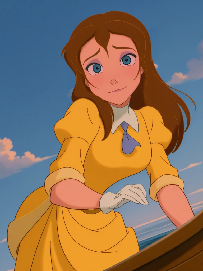 (anime screencap:1.2), background,
1girl, medium breasts, (JaneXL:1.1), long hair, brown hair, blue eyes, yellow dress, puffy sleeves, white gloves, skirt, makeup,
light smile, dutch angle, shy pose, shy, looking at viewer, blue sky, clouds, on boat, daylight, portrait, dynamic pose, cowboy shot, from side, one hand on hair, on hand down, leaning forward,
<lora:JanePorterXL_Character:1>