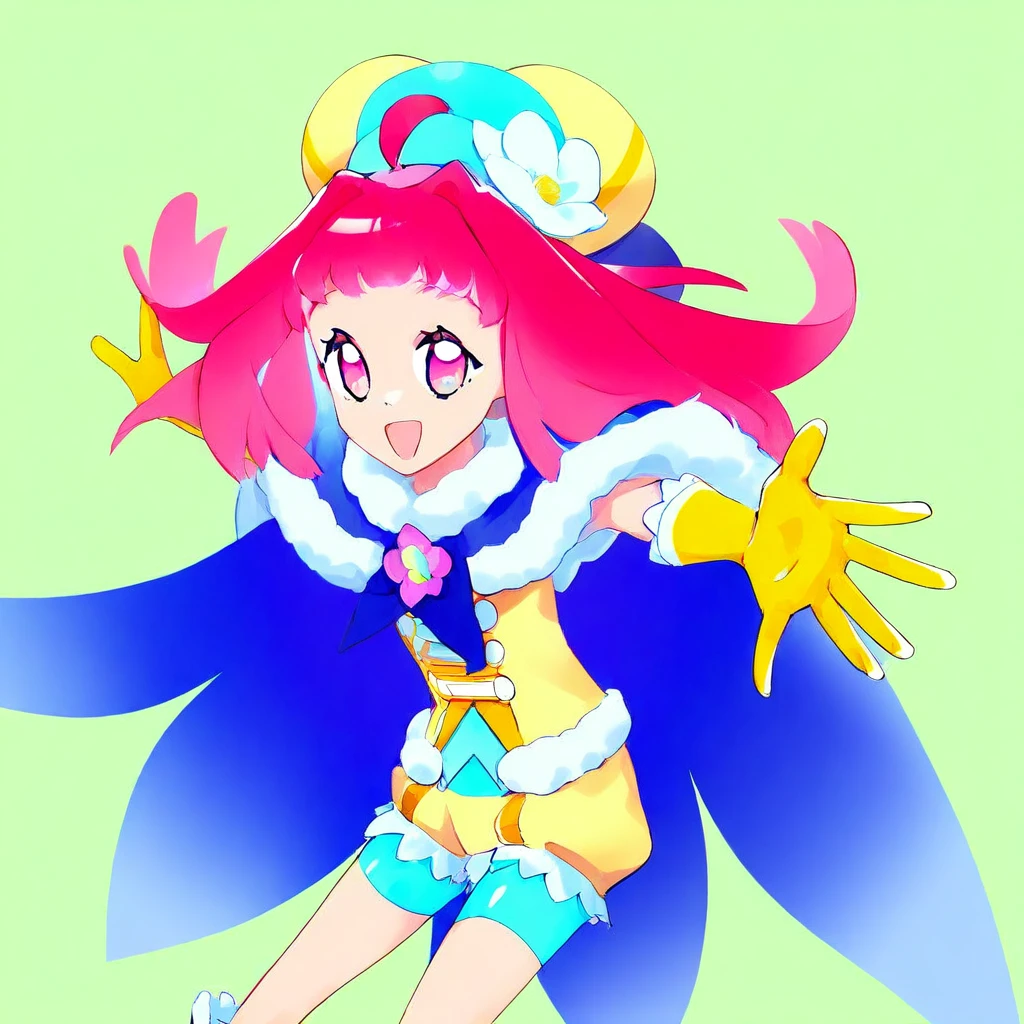 Sayo, 1girl, solo, cape, open_mouth, smile, yellow_background, long_hair, looking_at_viewer, shorts, pink_hair, gloves, full_body, hat, pink_eyes, green_background, multicolored_hair, yellow_gloves, flower, blue_cape, outstretched_arms, blue_shorts, :d, simple_background, fur_trim, ahoge, fur-trimmed_cape, magical_girl, red_hair
