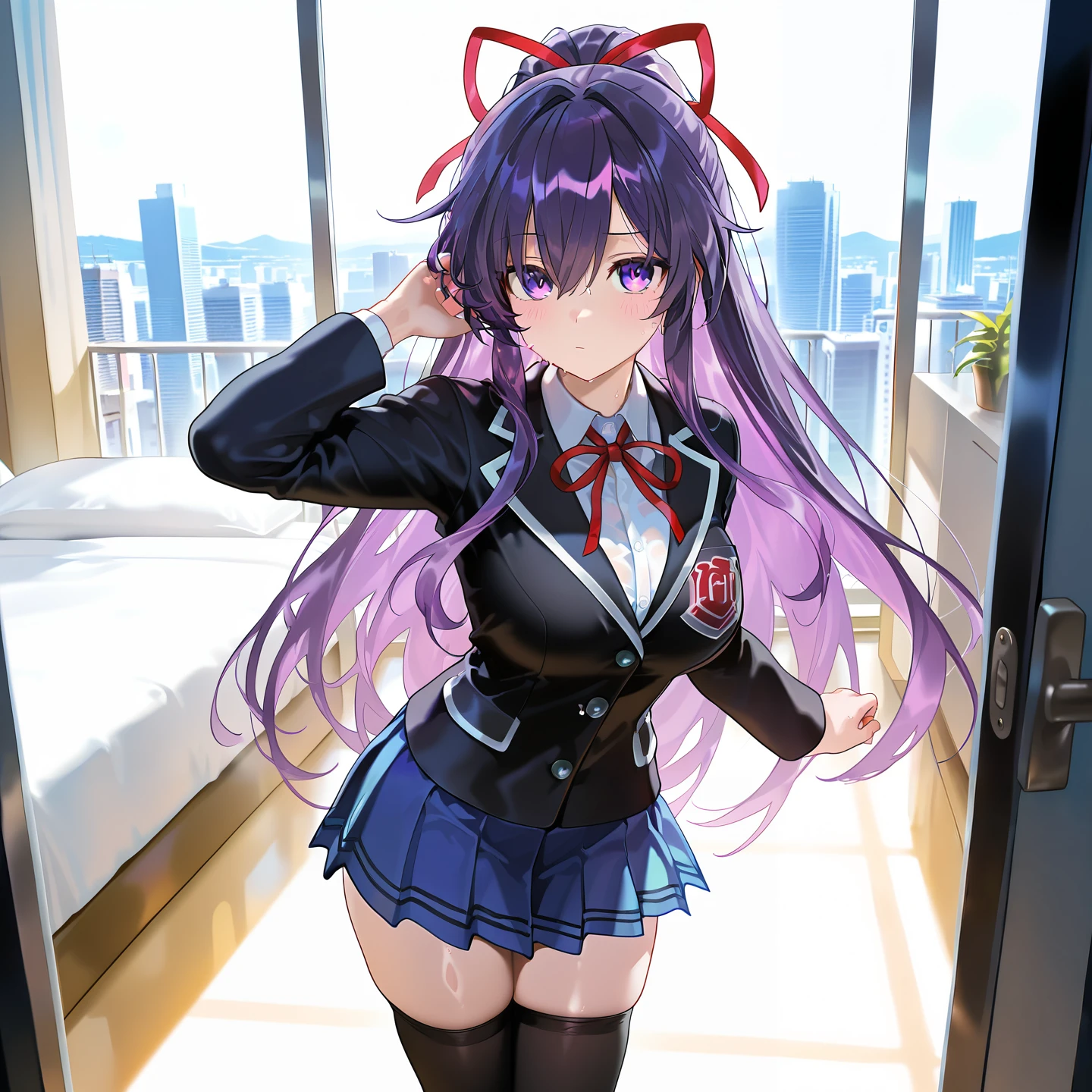 (Absurdity: 1.4), (Superb quality work by the Creator God: 1.4), (Absolute resolution: 1.4), (Highest masterpiece by the God of Arts and Sciences: 1.4), Surrealistic work, (Complex, meticulously detailed and realistic materials and textures and light sources: 1.3), (Perfect anatomy: 1.2), (Overwhelmingly ridiculous absurdity in the creation of the universe (1.3),
BREAK.
(((cute)):1.3), illustration featuring a girl. She is wearing a uniform from a well-known school where blazers are popular, with a deep gray blazer, white piping, and a fresh blue checked skirt. She is drawn to evoke realistic fabrics and textures, and the buttons and ribbons on her blazer and the pleats on her skirt are ultra-detailed.
BREAK
looking at the viewer, ((perfect pixels, 8K wallpaper)), one girl, single, immensely beautiful, born actress genius,
Aphrodite's reincarnated appearance as a goddess of beauty, immense beauty, Ultra-detailed skin, super exquisite skin,
BREAK
pink kawaii room , pink gothic room, messy room, Marchen, macarons, Candy, heart item, ribbon,star item, small window, (Miscellaneous goods are placed in a mess:1.3),dresser, antimacassar ,
BREAK
(Pose that seduces a man: 1.3), (fascinating genius:1.5), (best lighting by famous artists: 1.2), 8K, ((acting instruction of captivating poses by famous masters: 1.6)), ((thighs spread to the left and right: 1.15)),
((deep depth of field:1.5)), Particle-like fantastic light source, Background blur, Head tilted, Observing from behind Looking at someone, Looking back, Flexible torso,
BREAK
, one-length bob, create bangs, add some lightness to the area around the face, and leave the ends of the hair thick throughout. dark blue-purple hair