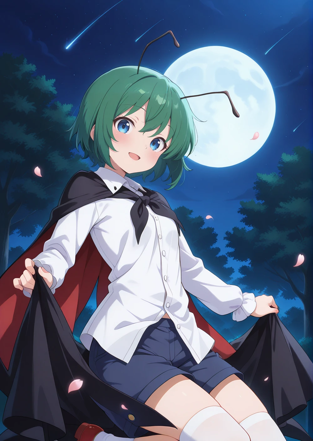 Shota boy,green hair,short hair,wearing a black circle glasses,two green antenna,purple eyes,cute,white skin,innocent,smiling,shy,night in shanghai,fullbody,in the night sky with clouds and moon,sleeping,holding a crescent-shaped magic staff,lying in the sky,quality picture,cute panties,wearing stocking