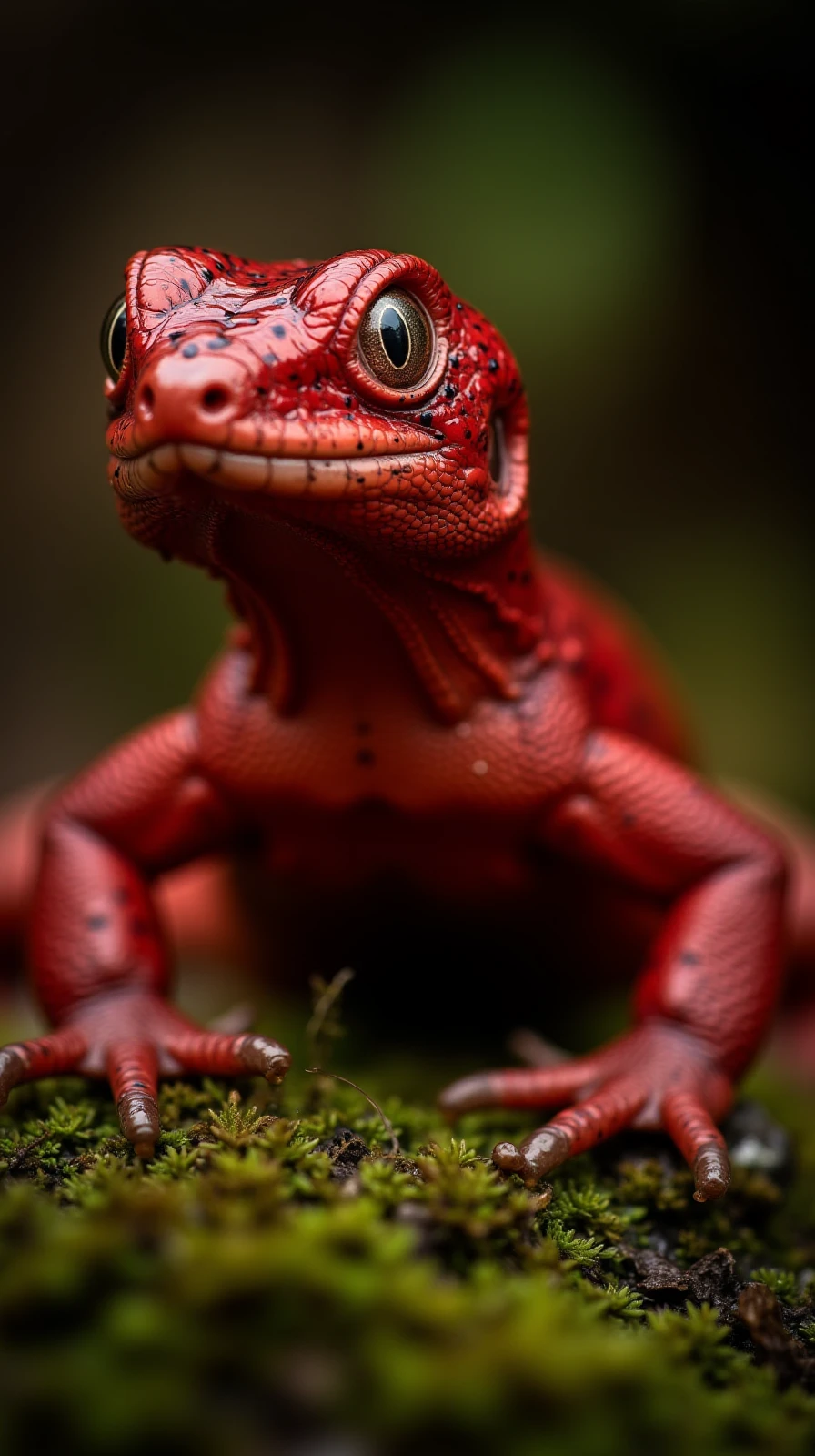 A highly detailed macro shot of a glossy red lizard, showcasing the intricate textures and patterns of its skin. The lizard's scales glisten with a wet, polished sheen, reflecting soft ambient light that enhances its vibrant, deep red tones. Tiny black speckles are scattered across its body, adding depth and complexity to its appearance. Its sharp, angular head is prominently featured, with a delicate curve of its jawline leading to a pair of piercing, almond-shaped eyes that shimmer with a glassy, golden hue.
The camera focuses on the lizard's delicate, clawed foot, resting gently on a moss-covered surface, with tiny droplets of moisture clinging to both the lizard and the moss. The background is softly blurred with hints of earthy greens and browns, creating a natural, jungle-like atmosphere. The shot captures every minute detail, from the subtle ridges and grooves on its scales to the faint translucence of its claw tips, evoking a sense of wonder and realism. ReptileMacro.