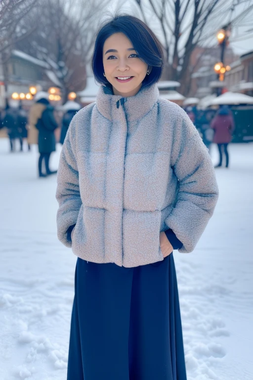 1girl,,(RAW photo, best quality), (realistic, photo-realistic:1.4), masterpiece, an extremely delicate and beautiful, extremely detailed, 2k wallpaper, Amazing, finely detail, extremely detailed CG unity 8k wallpaper, ultra-detailed, highres, soft light, beautiful detailed girl, cinematic lighting,perfect anatomy,slender body
(at a park), (winter scenery),(snow park in the background), Sapporo Odori Park Winter Festival, festival lights (bokeh)
(wearing winter jacket) (long skirt)
(smile) <lora:chest size:-1> (56 years old woman)
<lora:takashimachisako_lora:0.8>