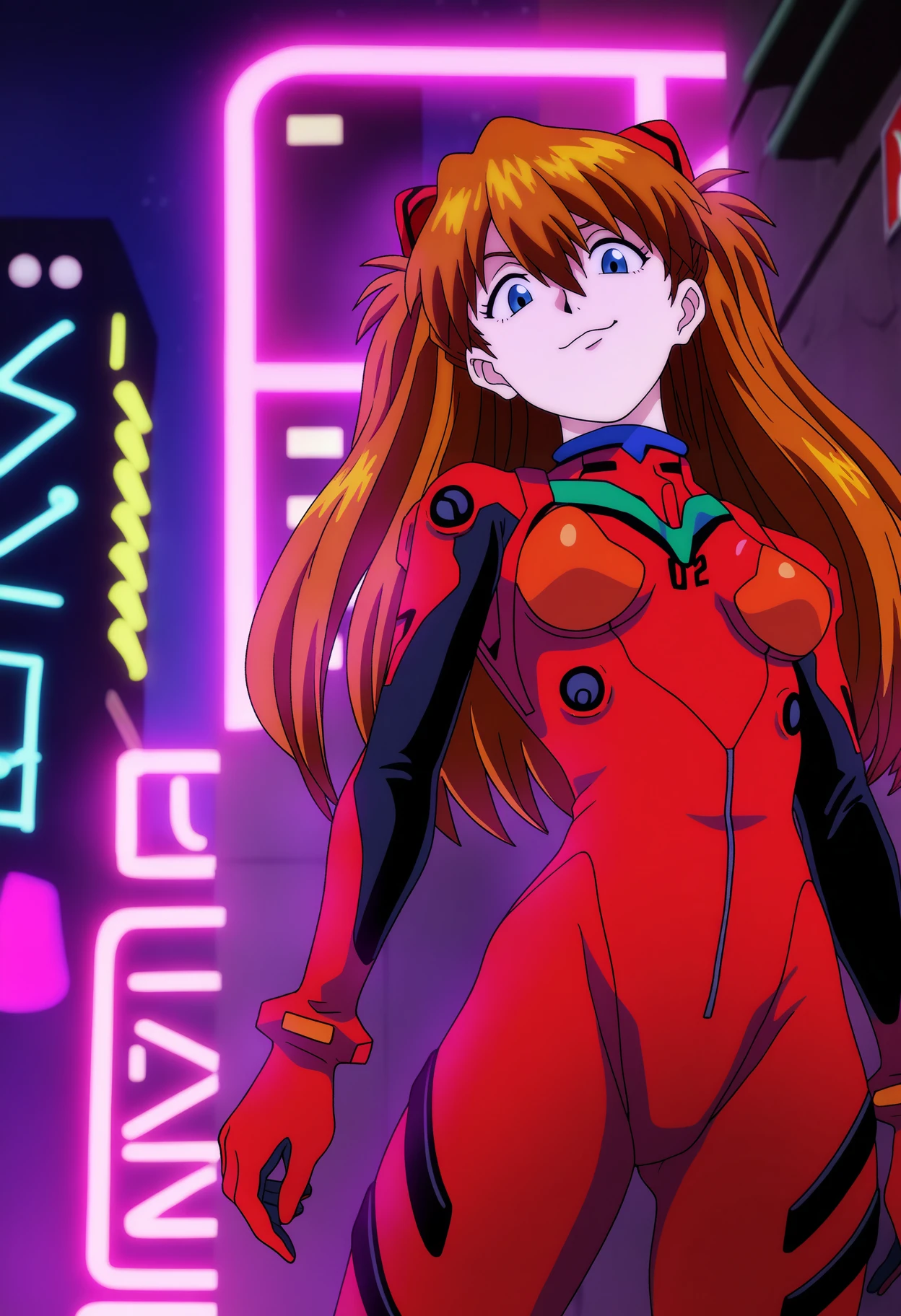 best quality, amazing quality, very aesthetic, absurdres,
1girl, asuka langley, red plugsuit, standing, smug, looking at viewer, futuristic background, neon light , buildings, night, <lora:AttackOnTitanNoobLocon_byKonan:1>