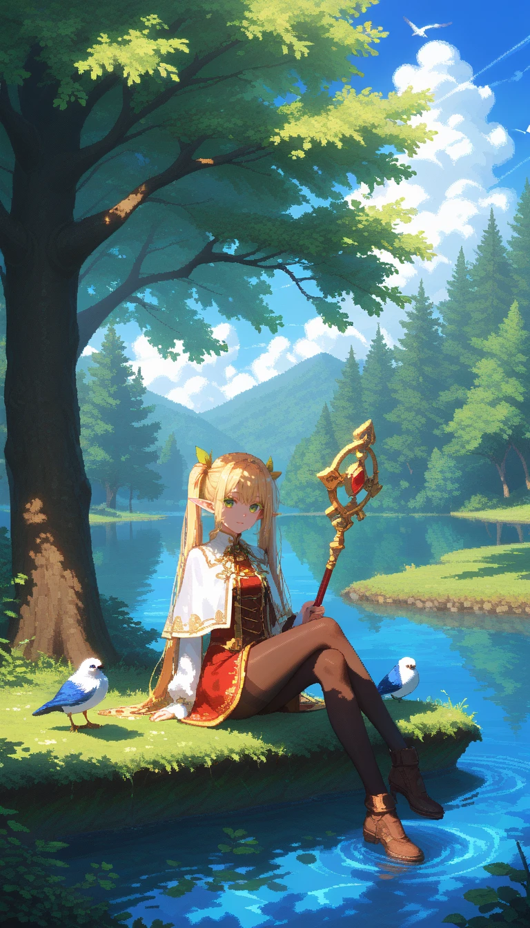 yoneyama mai, diyokama, fuzichoco, pixel art, dithering, 1girl, frieren, solo, green eyes, staff, outdoors, elf, tree, long hair, white capelet, twintails, pointy ears, pantyhose, colored eyelashes, looking at viewer, lake, water, wet, floating hair, bird, nature, scenery, tree shade, dappled sunlight, sitting in the dark shade of a tree, dark, high contrast, light beam,
BREAK,masterpiece, best quality,score_7_up,score_8_up,score_ 9, score_5_up,score_6_up,