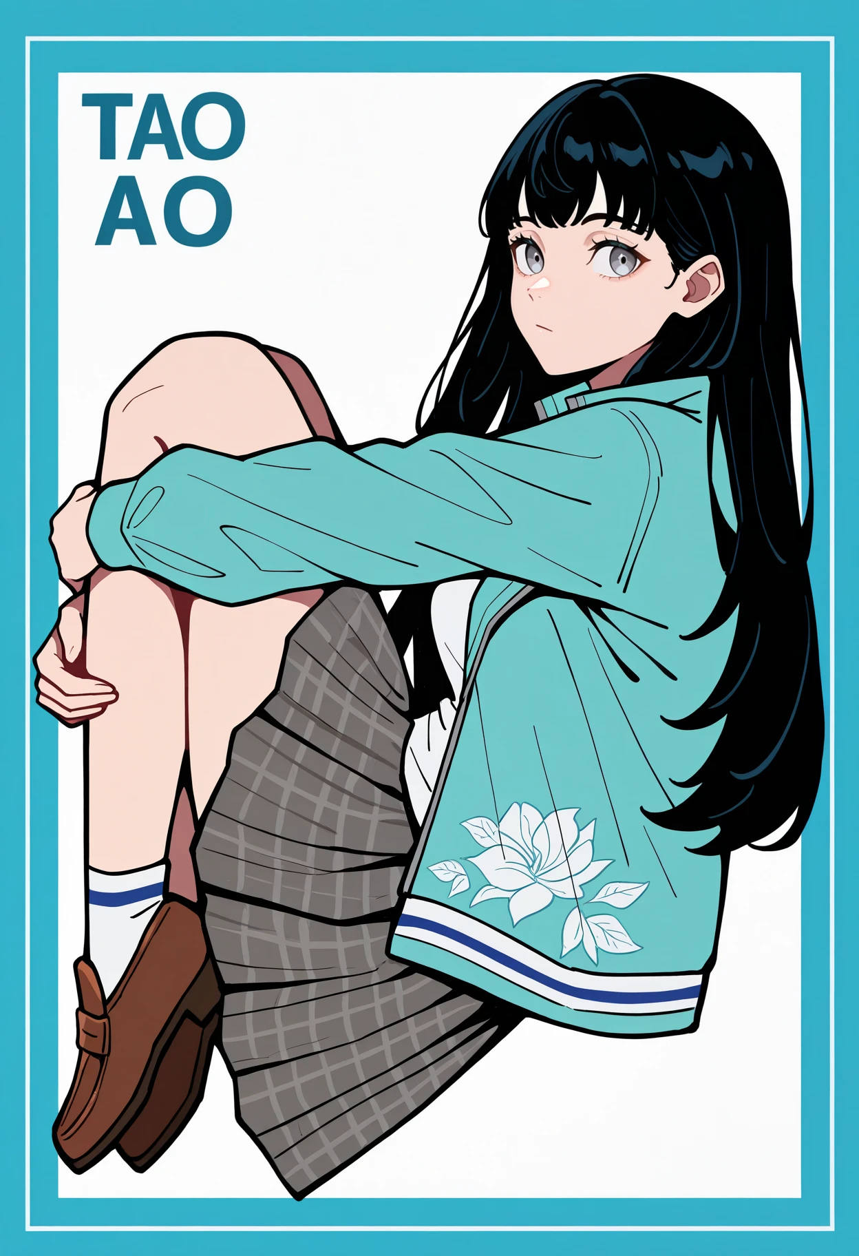 masterpiece, best quality, newest, absurdres, highres, 1girl, from side, looking at viewer, expressionless, fetal position, hugging own legs, (limited palette:1.1), character name, <lora:TaoSMT-illu:1> tao, black hair, long hair, choppy bangs, grey eyes, aqua jacket, open jacket, track jacket, , long sleeves, floral print, white shirt, collared shirt, grey skirt, plaid skirt, pleated skirt, white socks, brown footwear, simple background, blue border