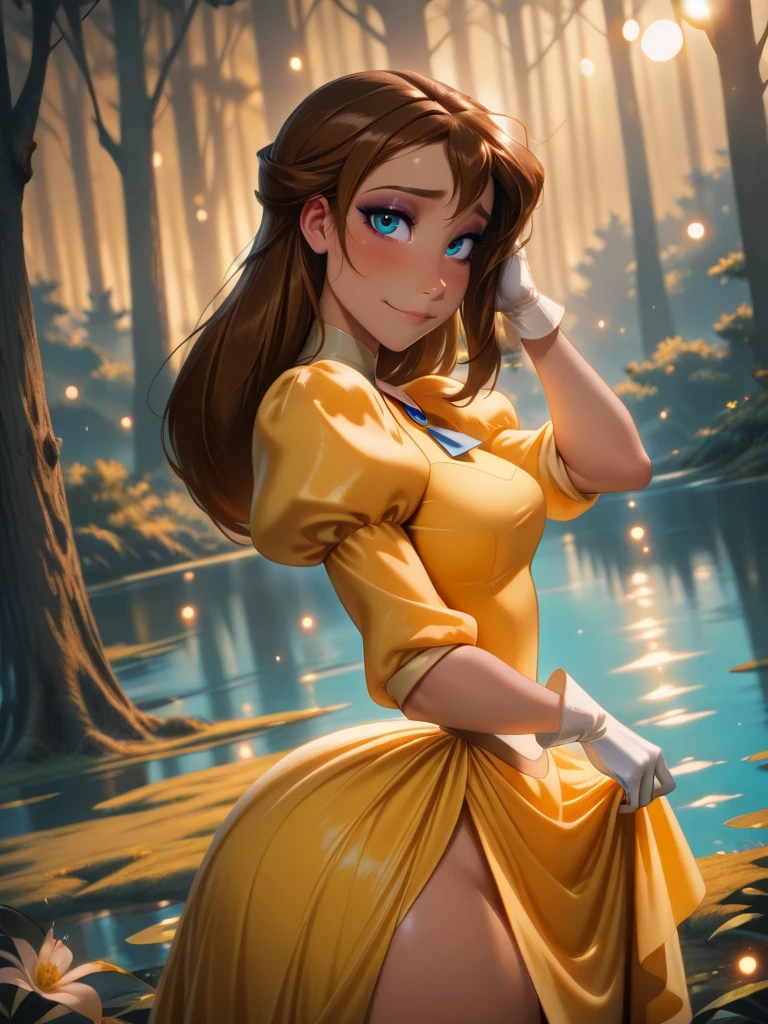 hi res, best quality, masterpiece, narrow waist, wide hips, thick thighs
1girl, medium breasts, (JaneXL:1.1), long hair, brown hair, blue eyes, yellow dress, puffy sleeves, white gloves, skirt, makeup,
light smile, dutch angle, shy pose, shy, looking at viewer, forest, lake, vegetation, daylight, portrait, dynamic pose, cowboy shot, from side, one hand on hair, one hand skirt lift,
<lora:JanePorterXL_Character:0.75> <lora:RealisticAnimeIXL:0.85> bokeh, luminescent background