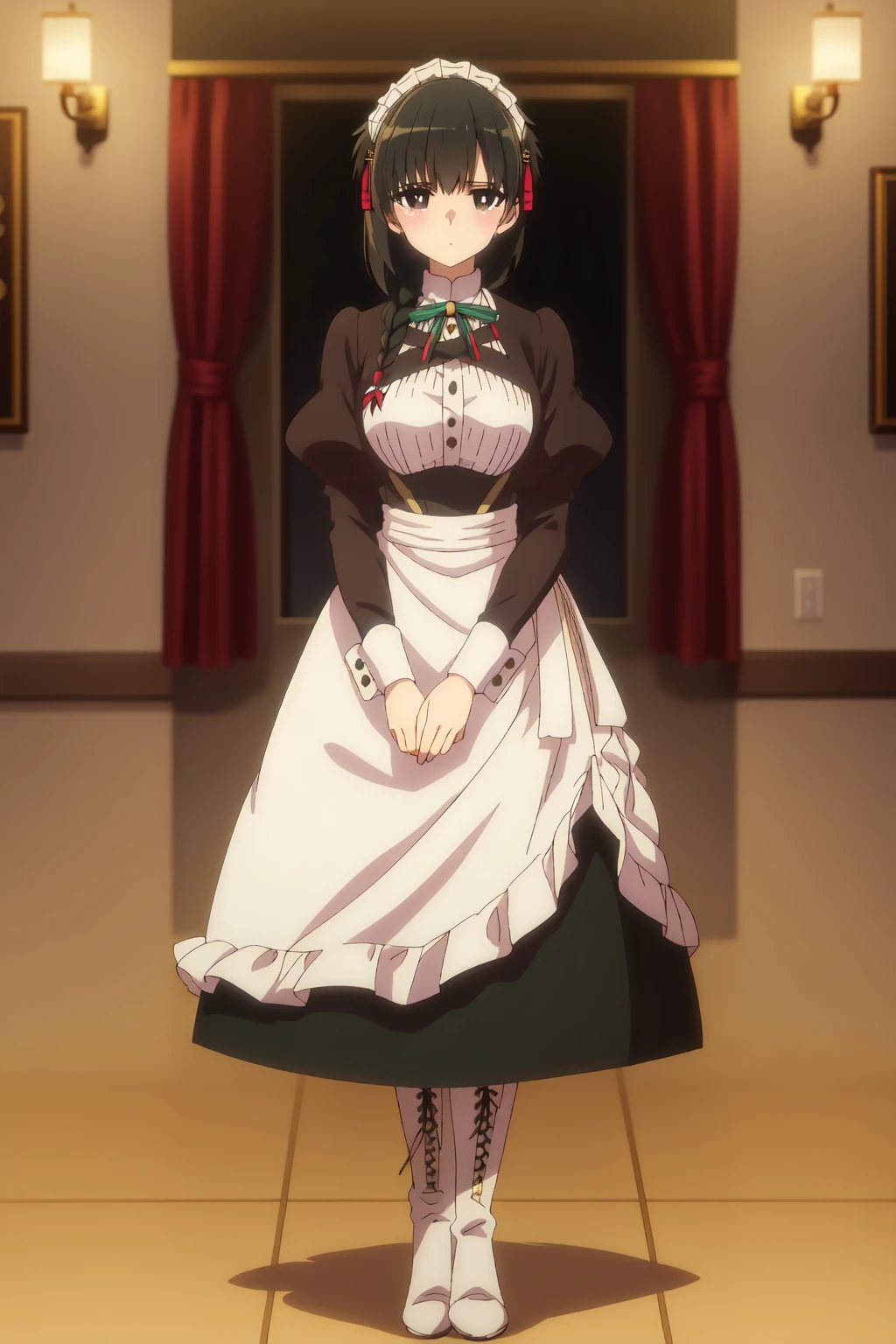 Yuki Yokoya, (8k, HD), 1girl, solo, long hair, black hair, hair ornament, braid, black eyes, single braid, white pupils, large breasts, hair over shoulder, long sleeves, ribbon, puffy sleeves, apron, maid, juliet sleeves, maid headdress, looking at viewer, white boots