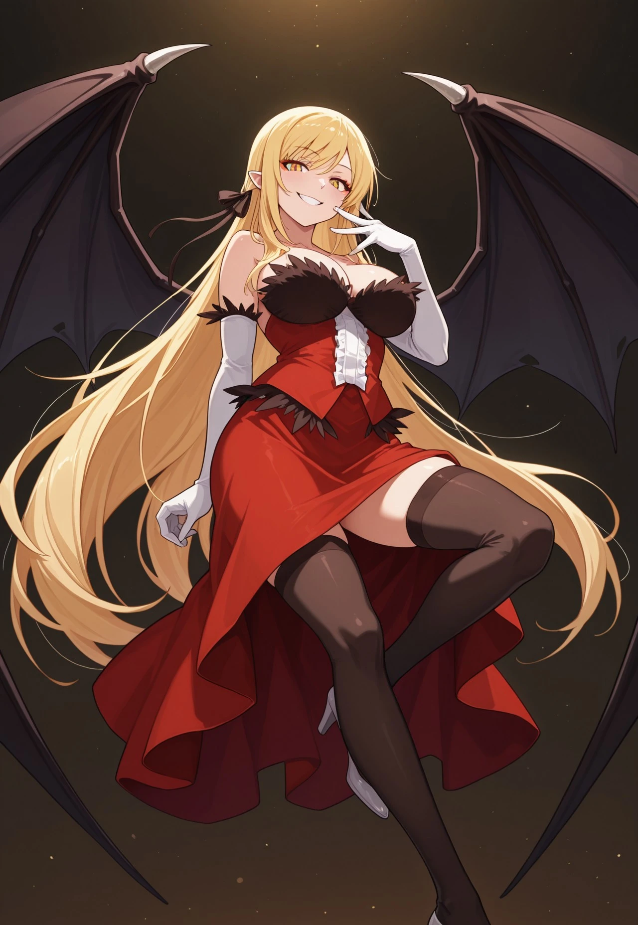 safe_pos, safe_pos, score_9, score_8_up, score_7_up, score_6_up, source anime, masterpiece, best quality, very aesthetic, absurdres, KissShot, 1girl, solo, blonde hair, very long hair, black ribbon, hair ribbon, pointy ears, yellow eyes, slit pupils, orange eyeshadow, large breasts, long red dress, white gloves, elbow gloves, black thighhighs, high heels, white footwear, looking at viewer, happy, laughing, dark background, night, smirk, full body, floating, demon wings, huge wings, black wings